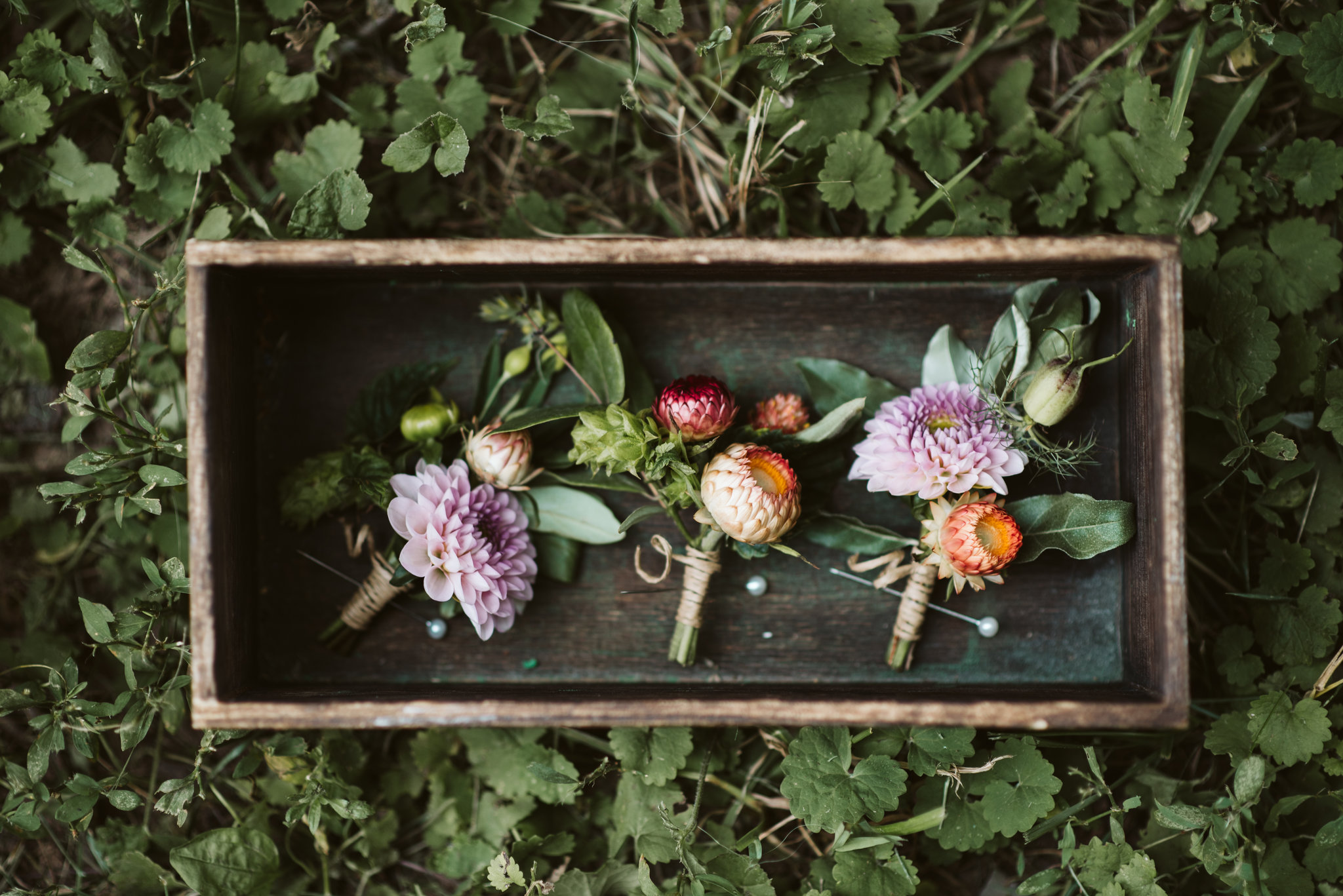 Rocklands Farm, Maryland, Intimate Wedding, Baltimore Wedding Photographer, Sungold Flower Co, Rustic, Romantic, Barn Wedding, Boutonnieres in Wooden Box, 