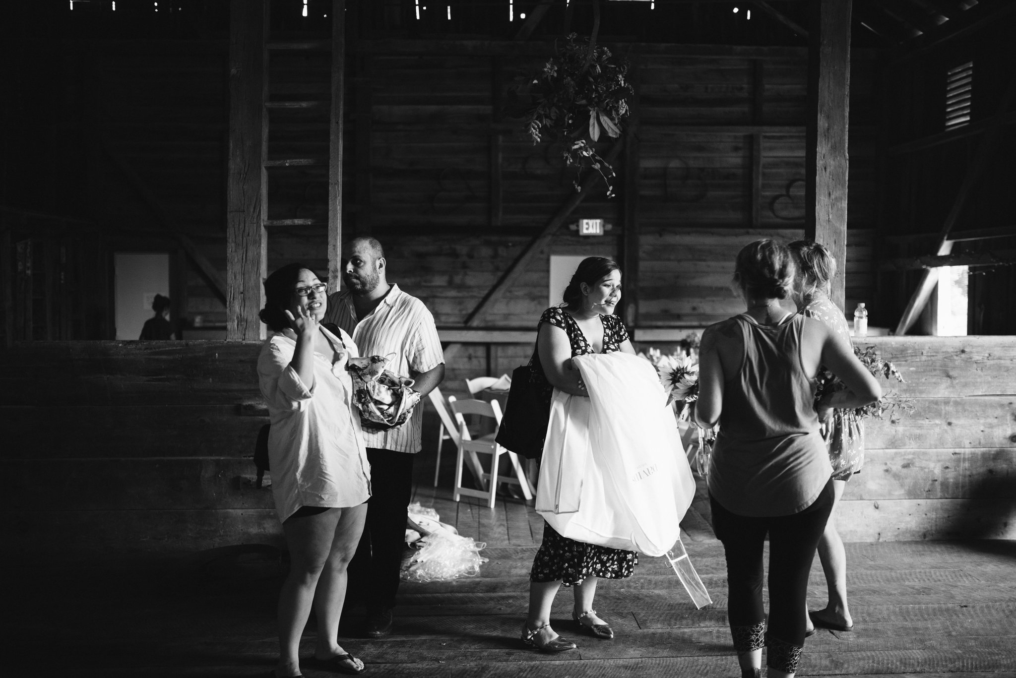 Rocklands Farm, Maryland, Intimate Wedding, Baltimore Wedding Photographer, Sungold Flower Co, Rustic, Romantic, Barn Wedding, Wedding Party Setting Up Venue, Black and White Photo