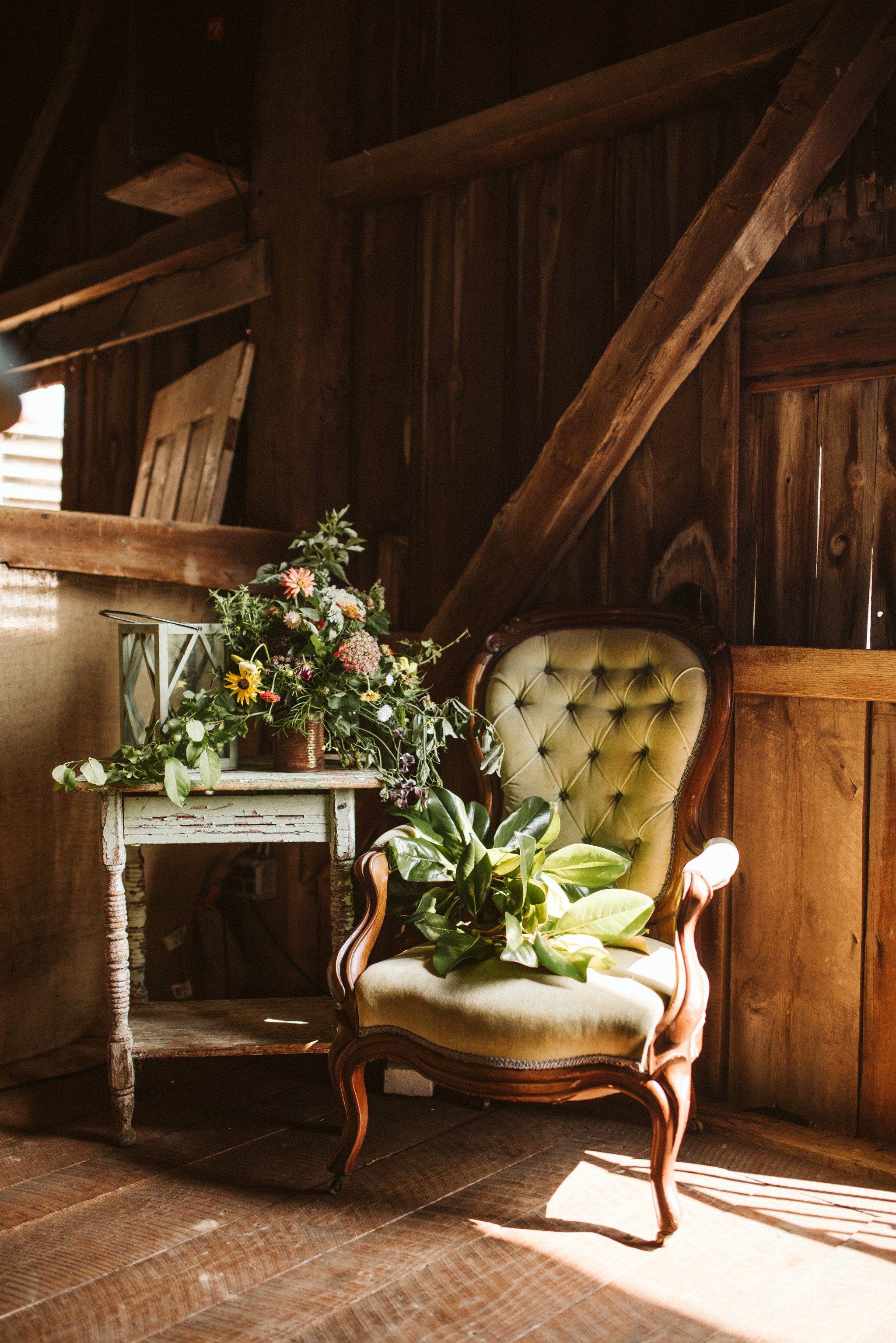 Rocklands Farm, Maryland, Intimate Wedding, Baltimore Wedding Photographer, Sungold Flower Co, Rustic, Romantic, Barn Wedding, Beautiful Flowers and Greenery on Velvet Chair