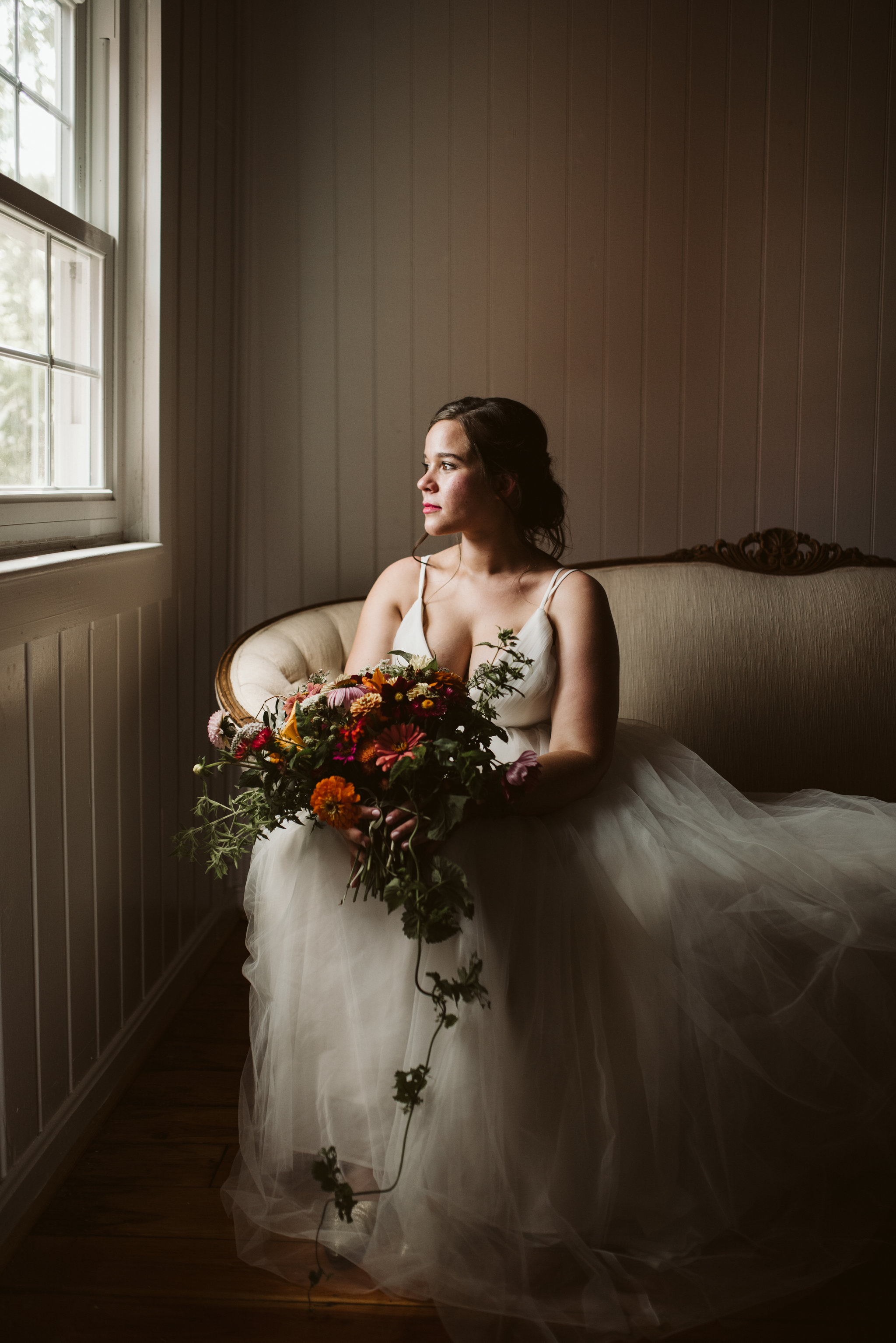 Rocklands Farm, Maryland, Intimate Wedding, Baltimore Wedding Photographer, Sungold Flower Co, Rustic, Romantic, Barn Wedding, Romantic Portrait of Bride Near Window