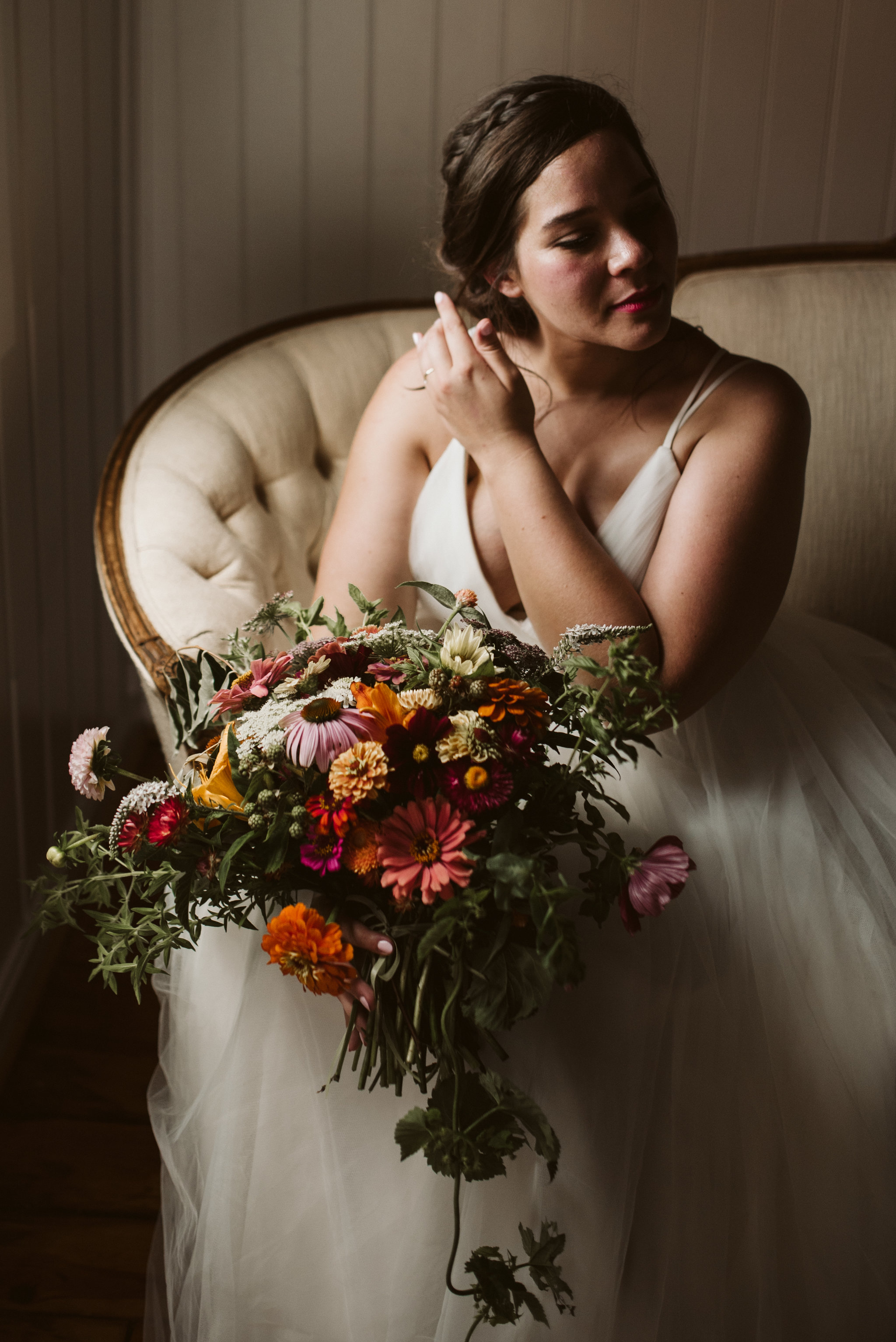 Rocklands Farm, Maryland, Intimate Wedding, Baltimore Wedding Photographer, Sungold Flower Co, Rustic, Romantic, Barn Wedding, Bride Portrait, Purple and Orange and Maroon Flowers in Bouquet