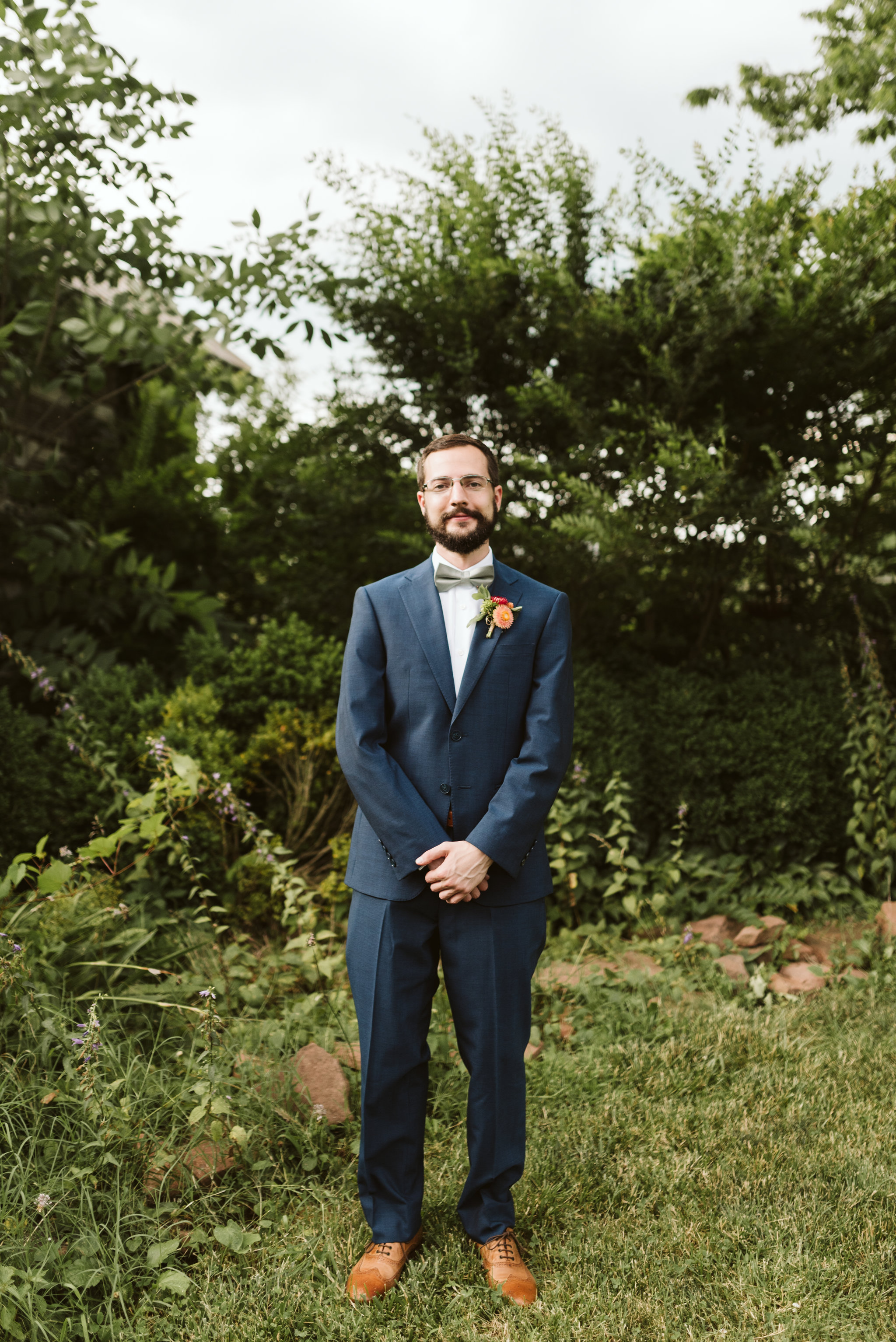 Rocklands Farm, Maryland, Intimate Wedding, Baltimore Wedding Photographer, Sungold Flower Co, Rustic, Romantic, Barn Wedding, Groom Portrait Standing in Field, Blue Suit with Brown Shoes