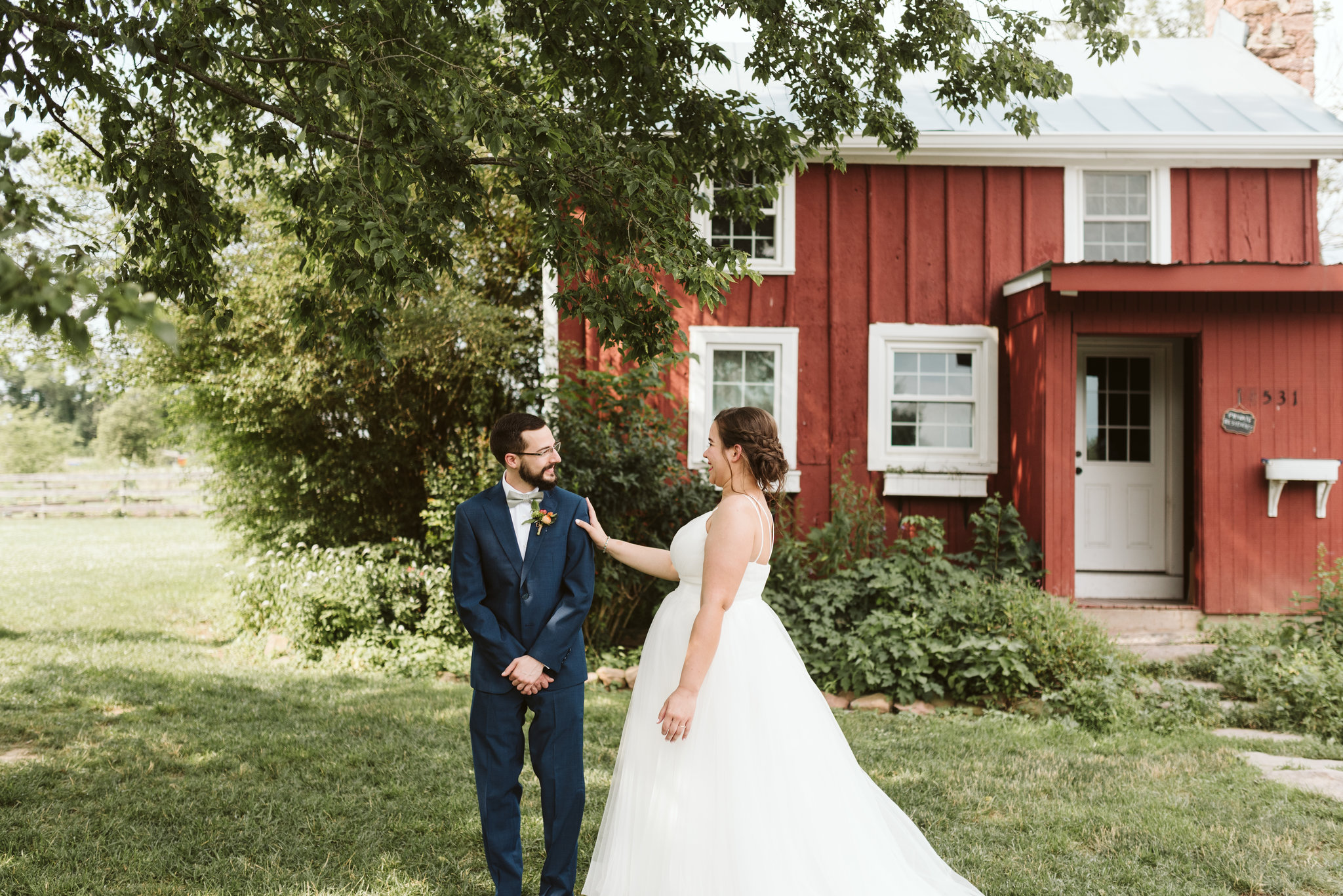 Rocklands Farm, Maryland, Intimate Wedding, Baltimore Wedding Photographer, Sungold Flower Co, Rustic, Romantic, Barn Wedding, The First Look, Bride and Groom Laughing Together Outside