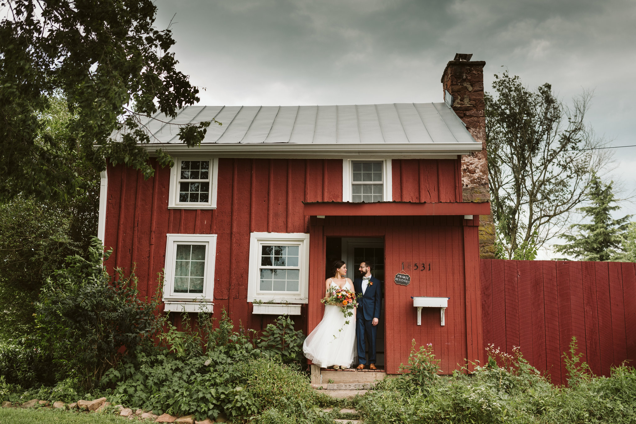 Rocklands Farm, Maryland, Intimate Wedding, Baltimore Wedding Photographer, Sungold Flower Co, Rustic, Romantic, Barn Wedding, Bride and Groom Standing in Doorway of Farmhouse