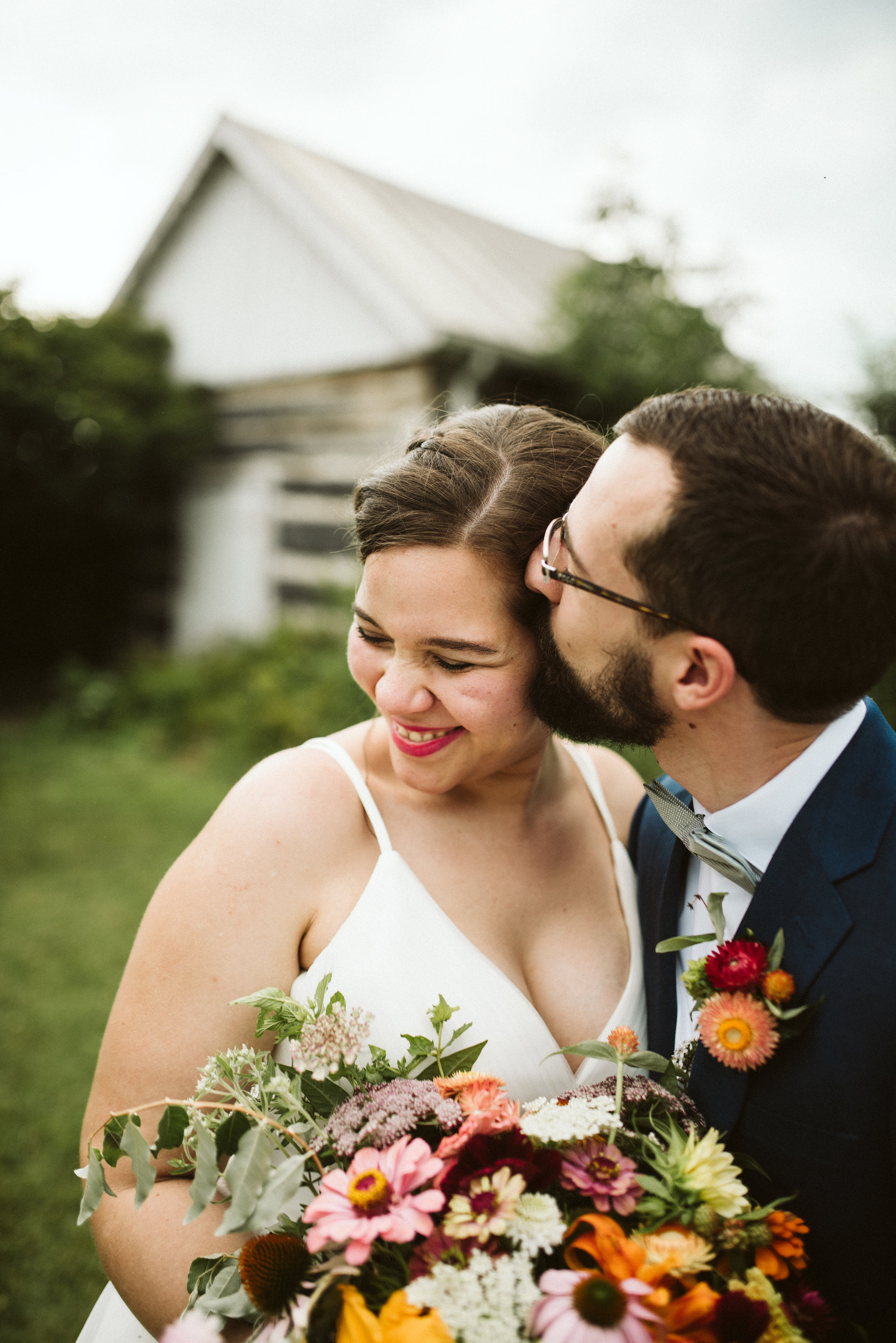 Rocklands Farm, Maryland, Intimate Wedding, Baltimore Wedding Photographer, Sungold Flower Co, Rustic, Romantic, Barn Wedding, Groom Kissing Bride's Head, Bride Laughing