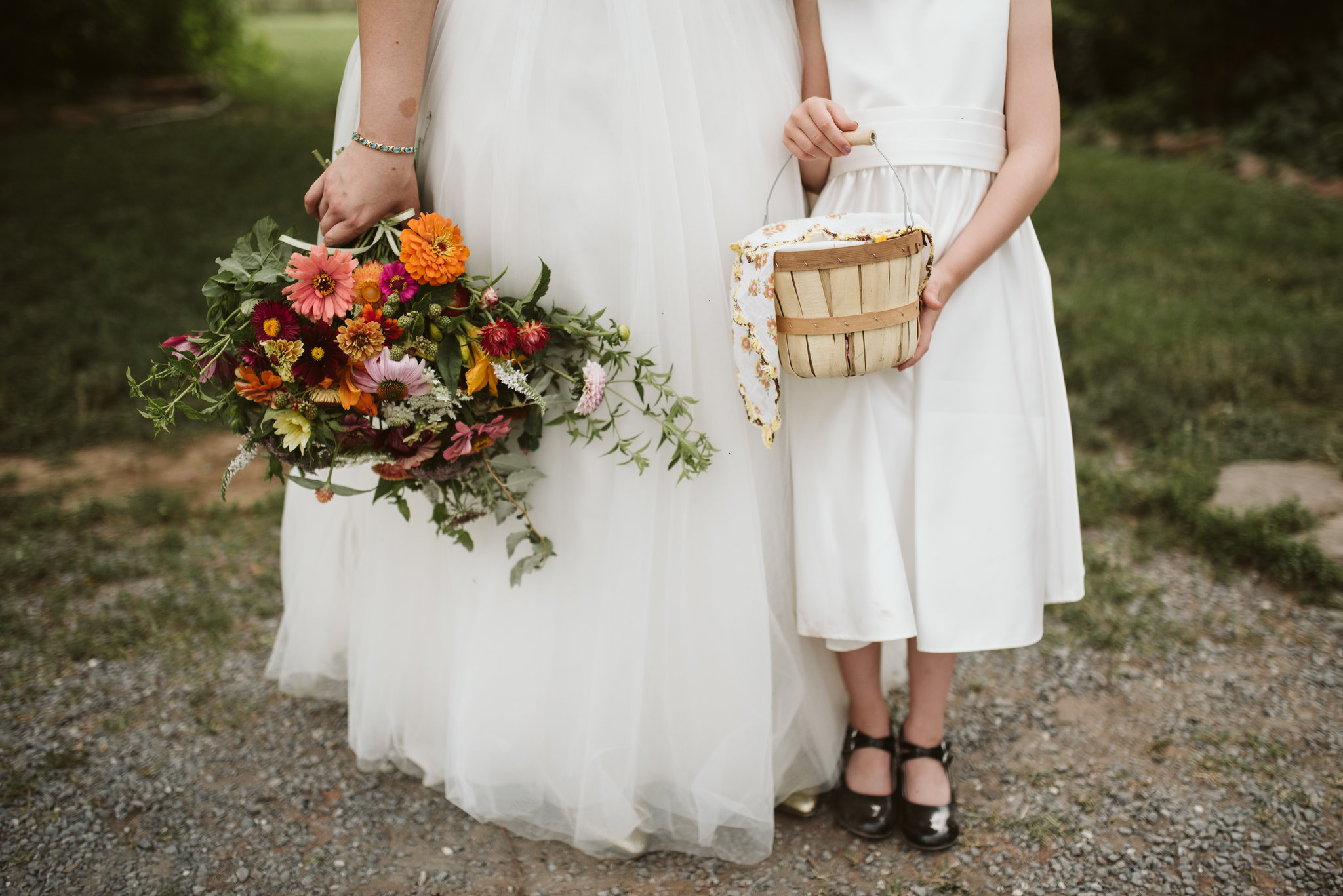 Rocklands Farm, Maryland, Intimate Wedding, Baltimore Wedding Photographer, Sungold Flower Co, Rustic, Romantic, Barn Wedding, Detail Photo of Bride and Flower Girl