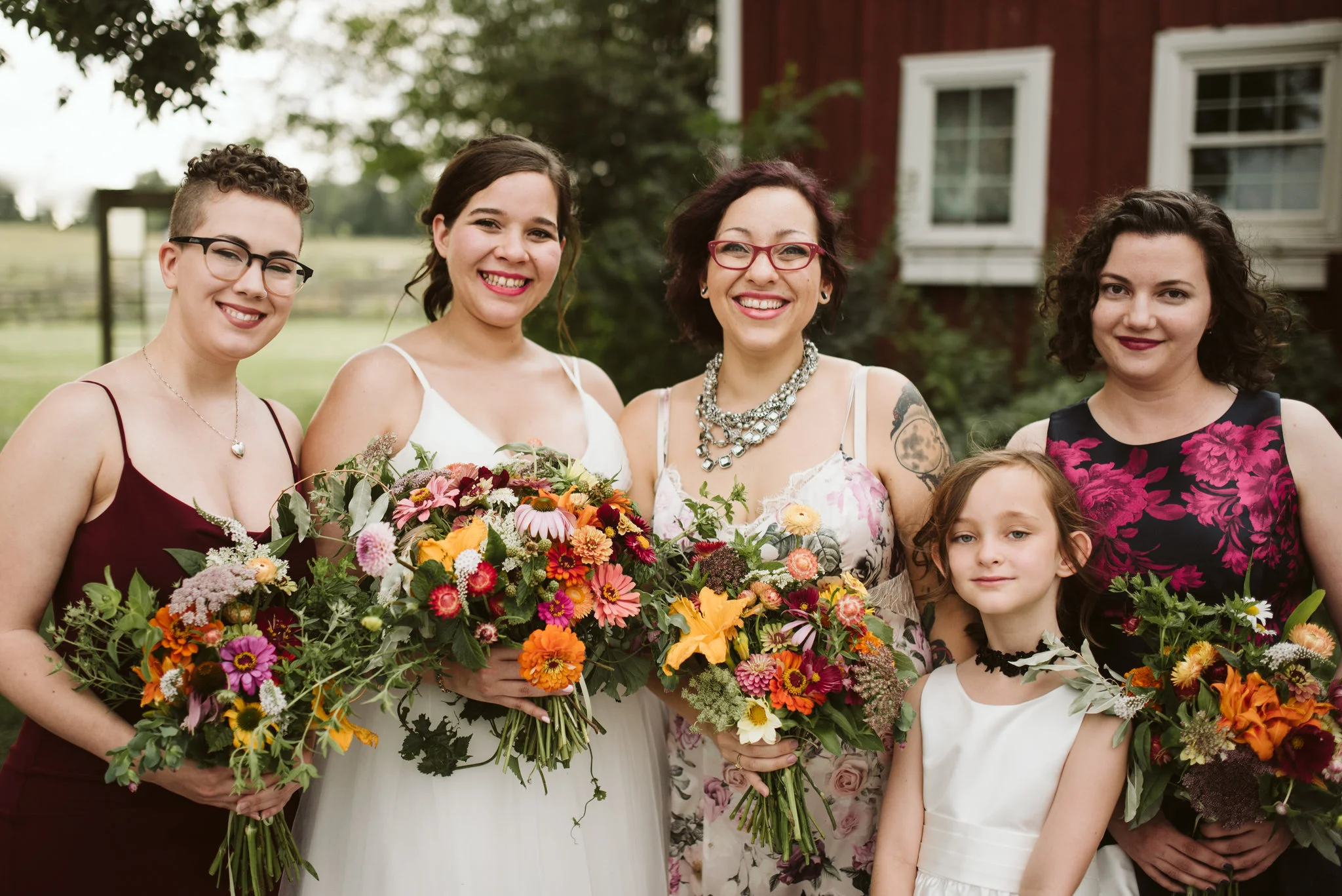 Rocklands Farm, Maryland, Intimate Wedding, Baltimore Wedding Photographer, Sungold Flower Co, Rustic, Romantic, Barn Wedding, Bride with Flower Girl and Bridesmaids, Orange and Purple Bouquets