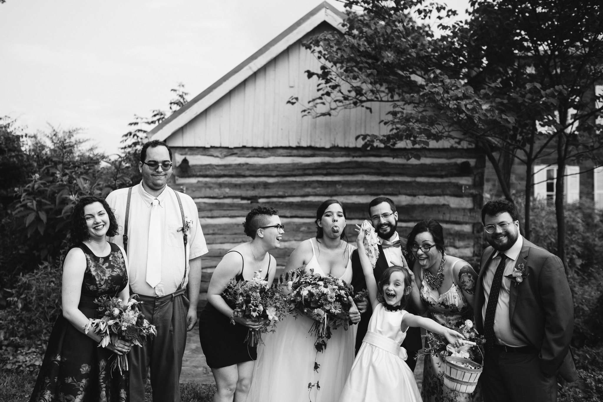 Rocklands Farm, Maryland, Intimate Wedding, Baltimore Wedding Photographer, Sungold Flower Co, Rustic, Romantic, Barn Wedding, Cute Photo of Wedding Party Having Fun, Black and White Photo