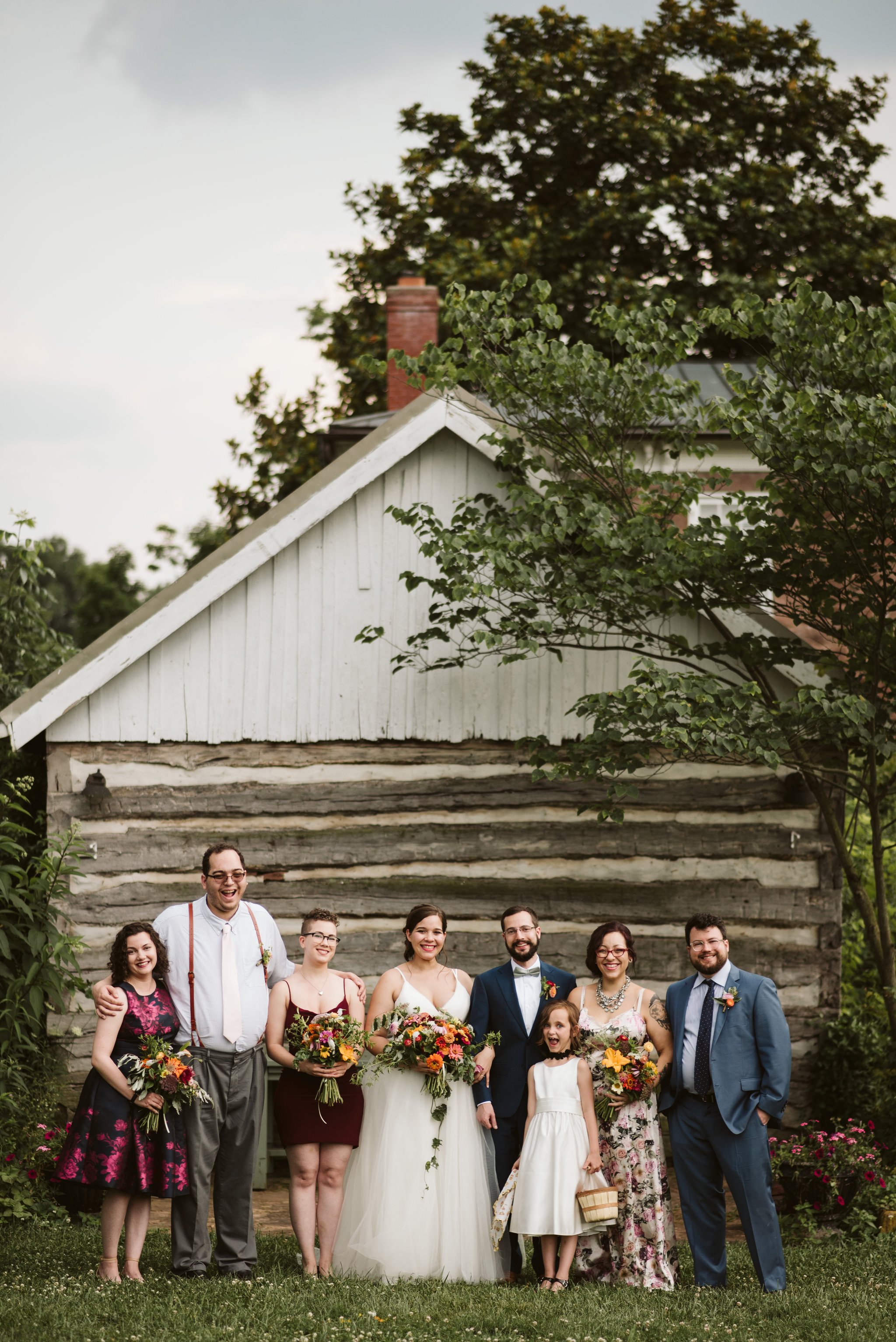 Rocklands Farm, Maryland, Intimate Wedding, Baltimore Wedding Photographer, Sungold Flower Co, Rustic, Romantic, Barn Wedding, Portrait of Wedding Party, Purple Dresses, Blue Suits