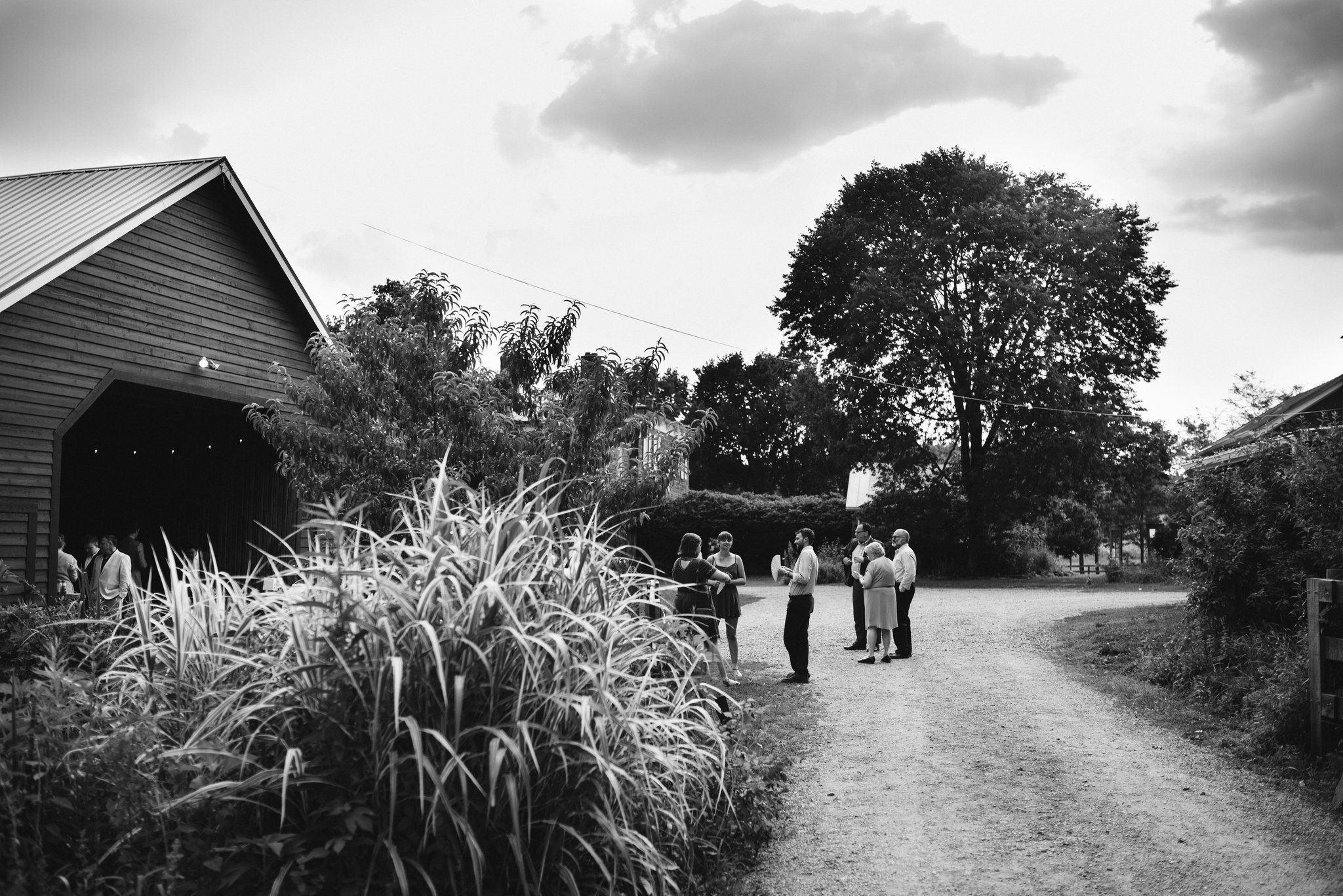Rocklands Farm, Maryland, Intimate Wedding, Baltimore Wedding Photographer, Sungold Flower Co, Rustic, Romantic, Barn Wedding, Wedding Guests Talking Outside Barn, Black and White Photo