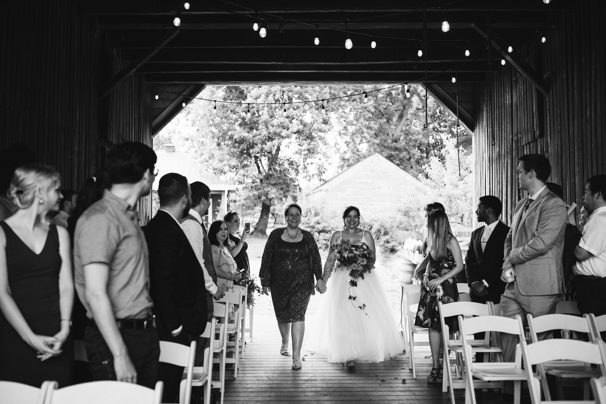 Rocklands Farm, Maryland, Intimate Wedding, Baltimore Wedding Photographer, Sungold Flower Co, Rustic, Romantic, Barn Wedding, Bride Walking Down Aisle with Mother, Black and White Photo