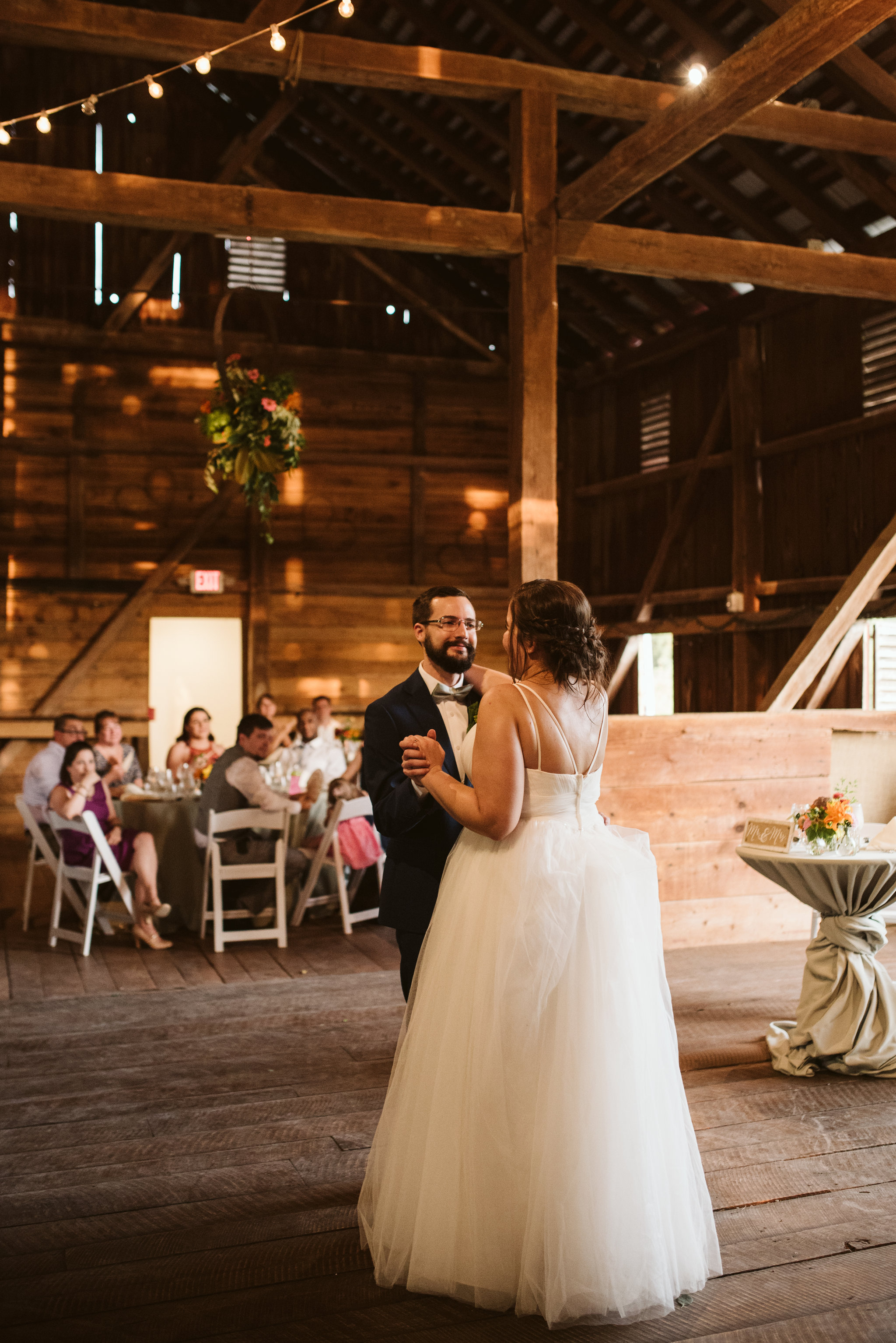 Rocklands Farm, Maryland, Intimate Wedding, Baltimore Wedding Photographer, Sungold Flower Co, Rustic, Romantic, Barn Wedding, Bride and Groom First Dance, Tulle Wedding Dress