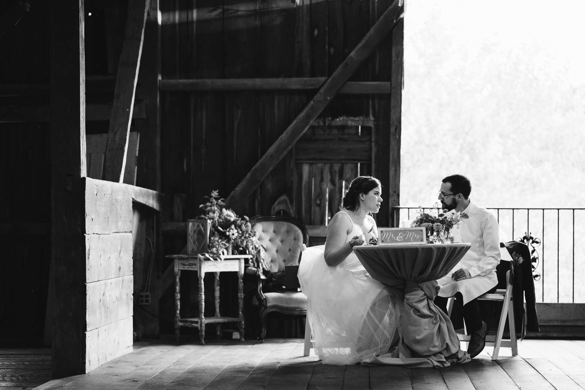 Rocklands Farm, Maryland, Intimate Wedding, Baltimore Wedding Photographer, Sungold Flower Co, Rustic, Romantic, Barn Wedding, Bride and Groom at Head Table, Black and White Photo