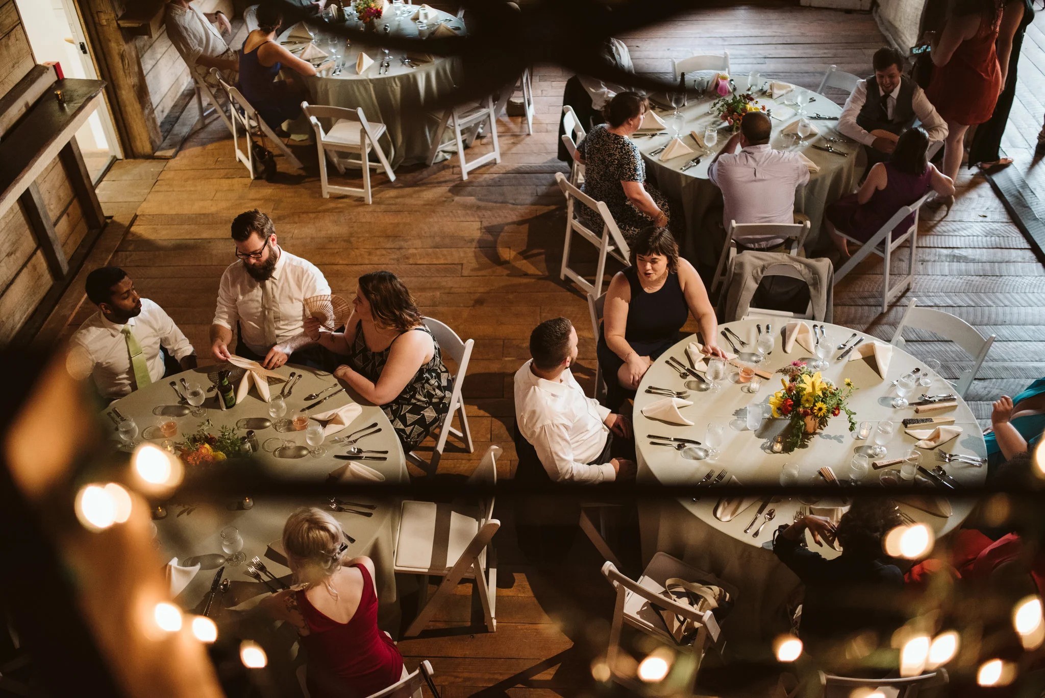 Rocklands Farm, Maryland, Intimate Wedding, Baltimore Wedding Photographer, Sungold Flower Co, Rustic, Romantic, Barn Wedding, Overhead Shot of Guests Enjoying Reception