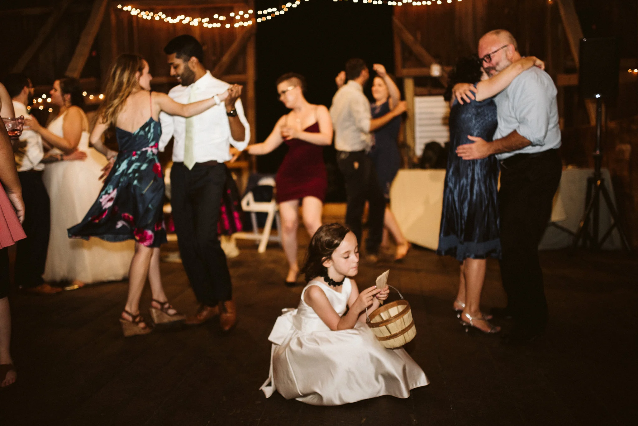 Rocklands Farm, Maryland, Intimate Wedding, Baltimore Wedding Photographer, Sungold Flower Co, Rustic, Romantic, Barn Wedding, Flower Girl on Dance Floor, Guests Dancing
