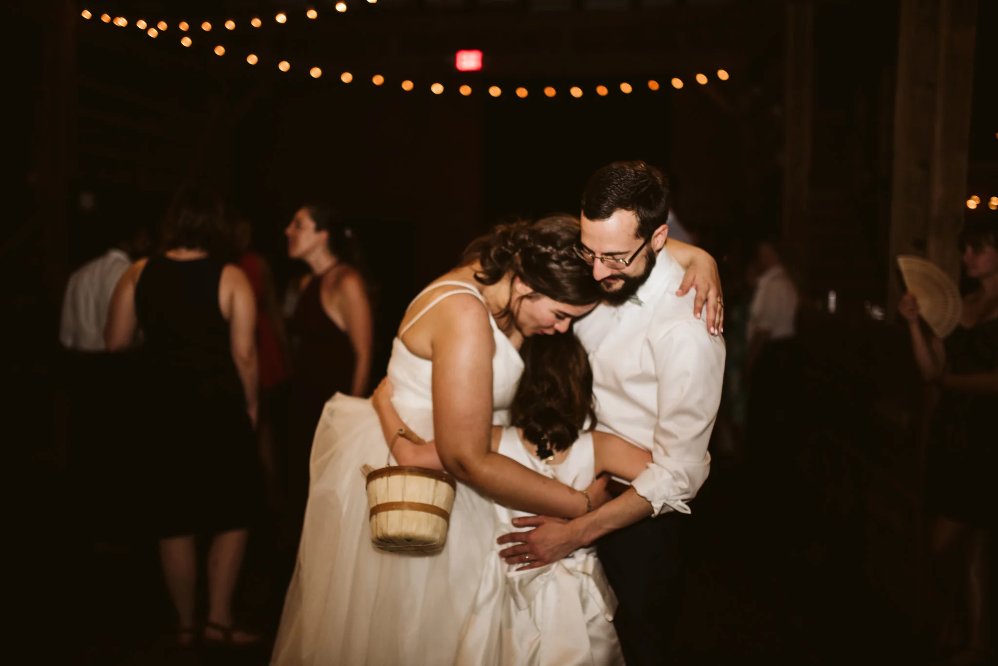 Rocklands Farm, Maryland, Intimate Wedding, Baltimore Wedding Photographer, Sungold Flower Co, Rustic, Romantic, Barn Wedding, Bride and Groom Hugging Flower Girl