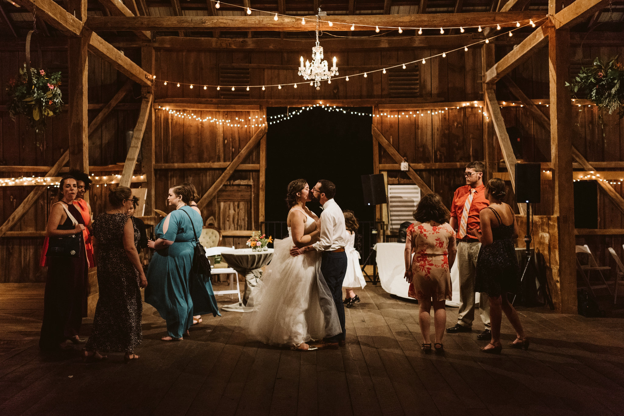 Rocklands Farm, Maryland, Intimate Wedding, Baltimore Wedding Photographer, Sungold Flower Co, Rustic, Romantic, Barn Wedding, Bride and Groom Kissing on Dance Floor