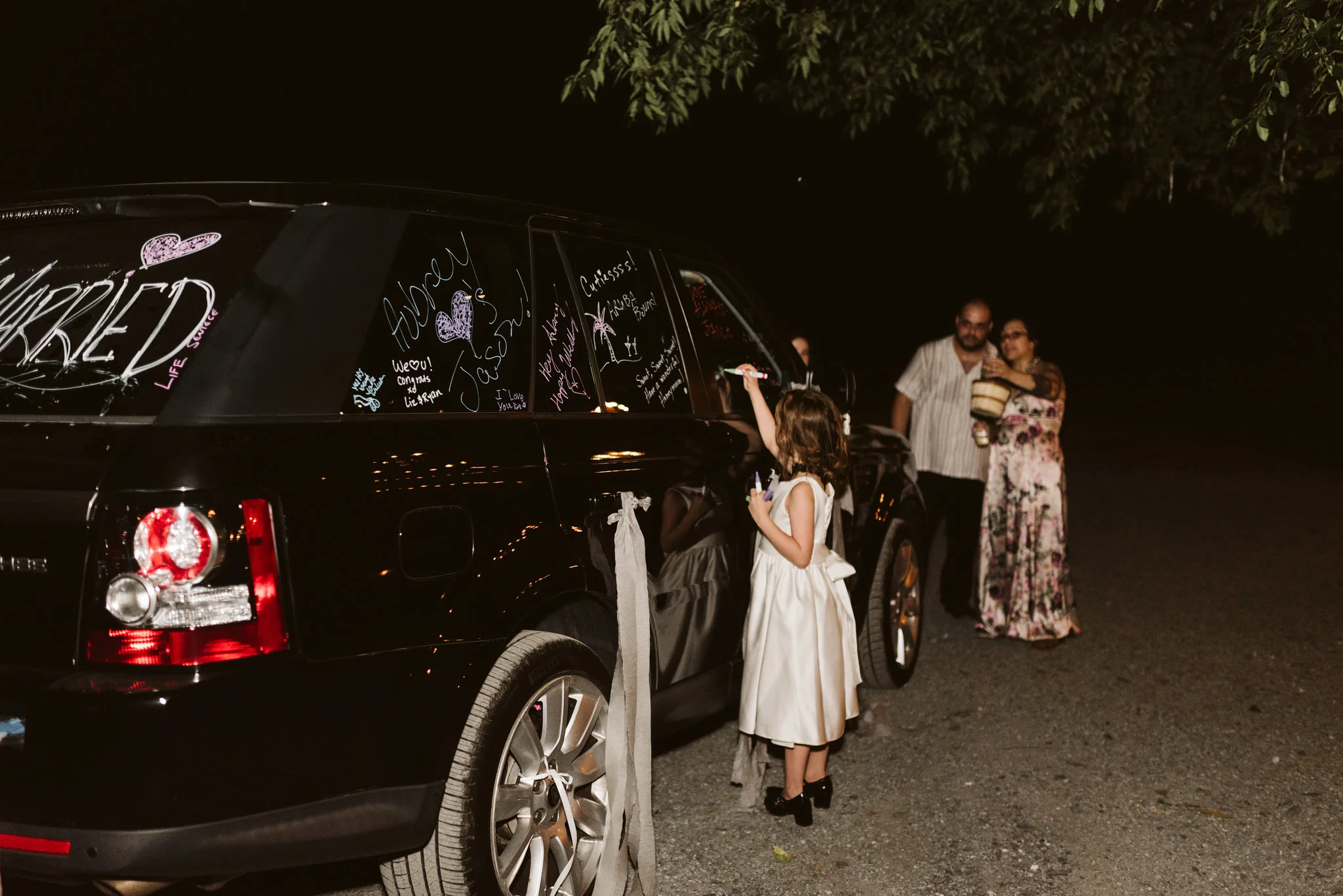 Rocklands Farm, Maryland, Intimate Wedding, Baltimore Wedding Photographer, Sungold Flower Co, Rustic, Romantic, Barn Wedding, Flower Girl Decorating Car, Just Married