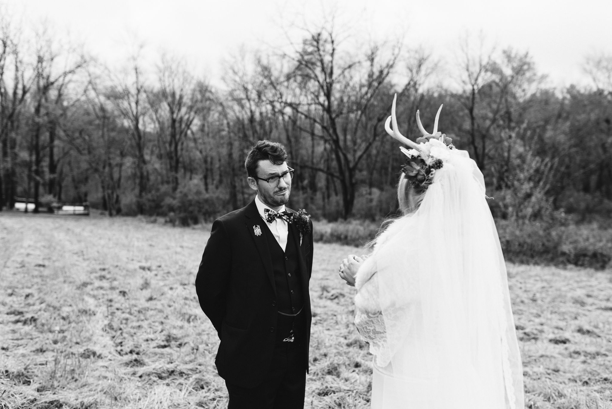  Maryland, Baltimore Wedding Photographer, Backyard Wedding, Fall, October, Dark Bohemian, Whimsical, Fun, Groom During First Look, Black and White Photo 