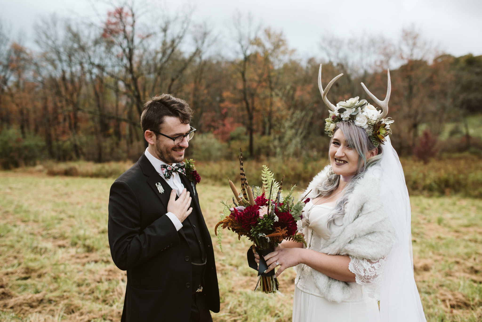  Maryland, Baltimore Wedding Photographer, Backyard Wedding, Fall, October, Dark Bohemian, Whimsical, Fun, Portrait of Bride and Groom Outside, The Modest Florist, Flower Crown with Antlers 