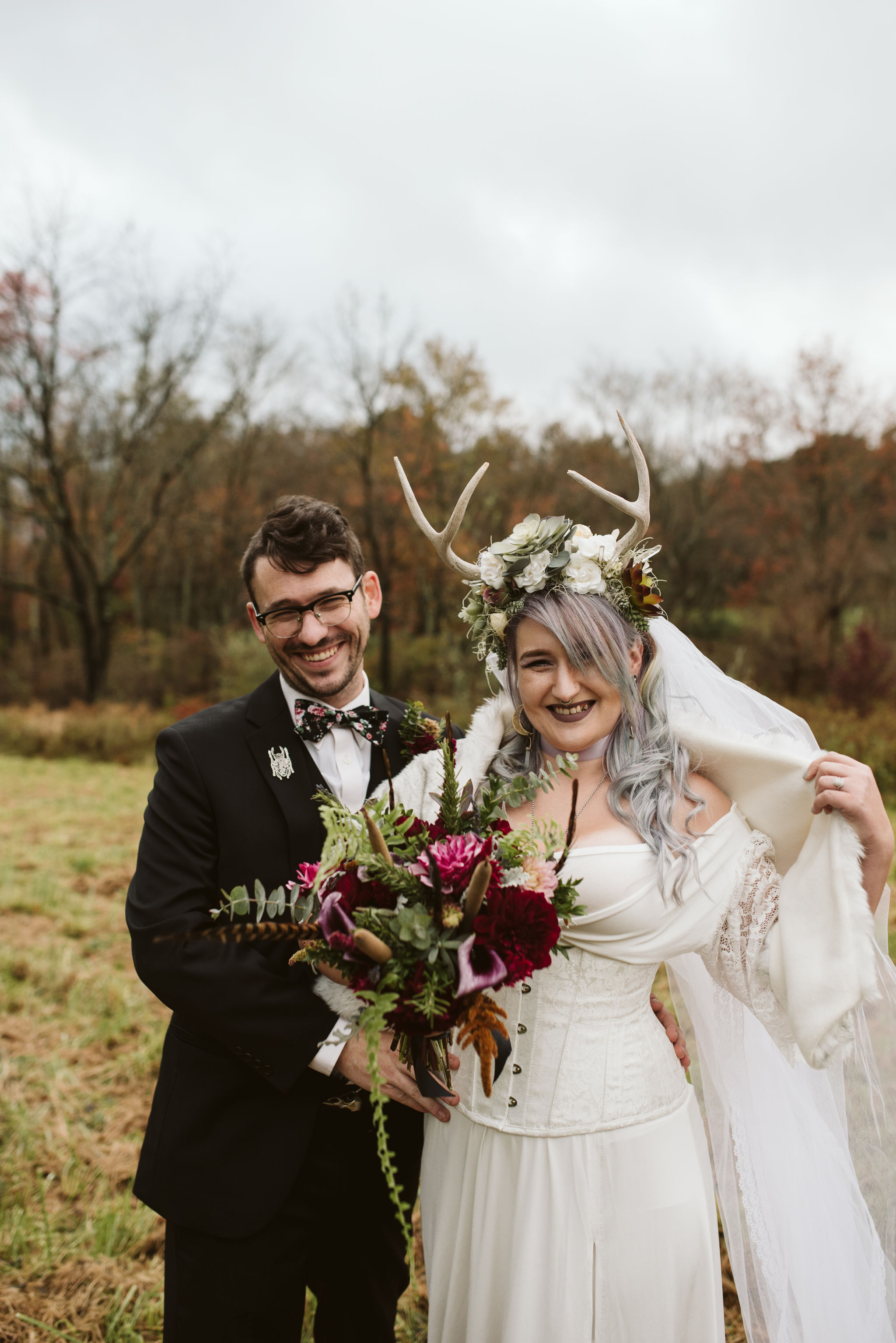  Maryland, Baltimore Wedding Photographer, Backyard Wedding, Fall, October, Dark Bohemian, Whimsical, Fun, Portrait of Bride and Groom, Flower Crown with Antlers, Fur Shawl, The Modest Florist 