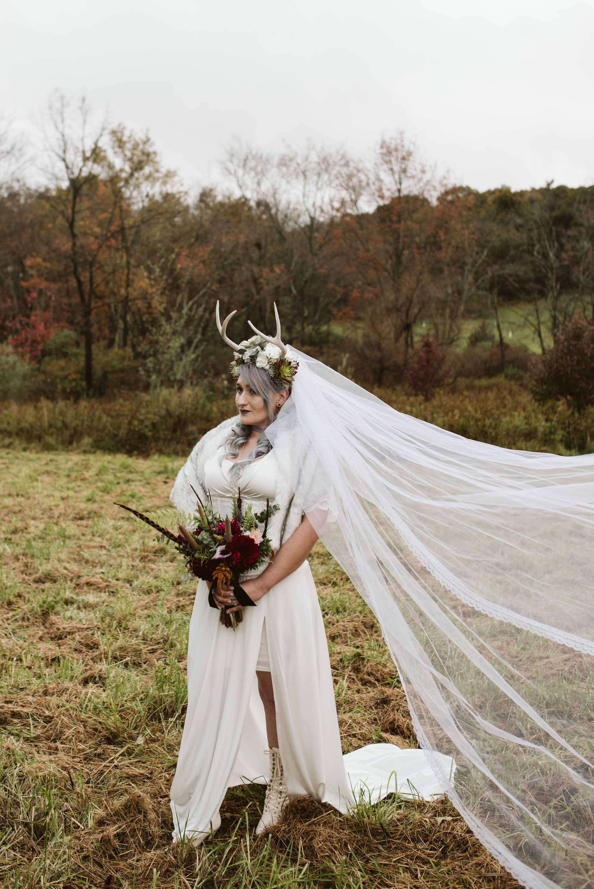  Maryland, Baltimore Wedding Photographer, Backyard Wedding, Fall, October, Dark Bohemian, Whimsical, Fun, Portrait of Bride in Field, Long Lace Veil, Fur Wrap, Flower Crown, The Modest Florist 