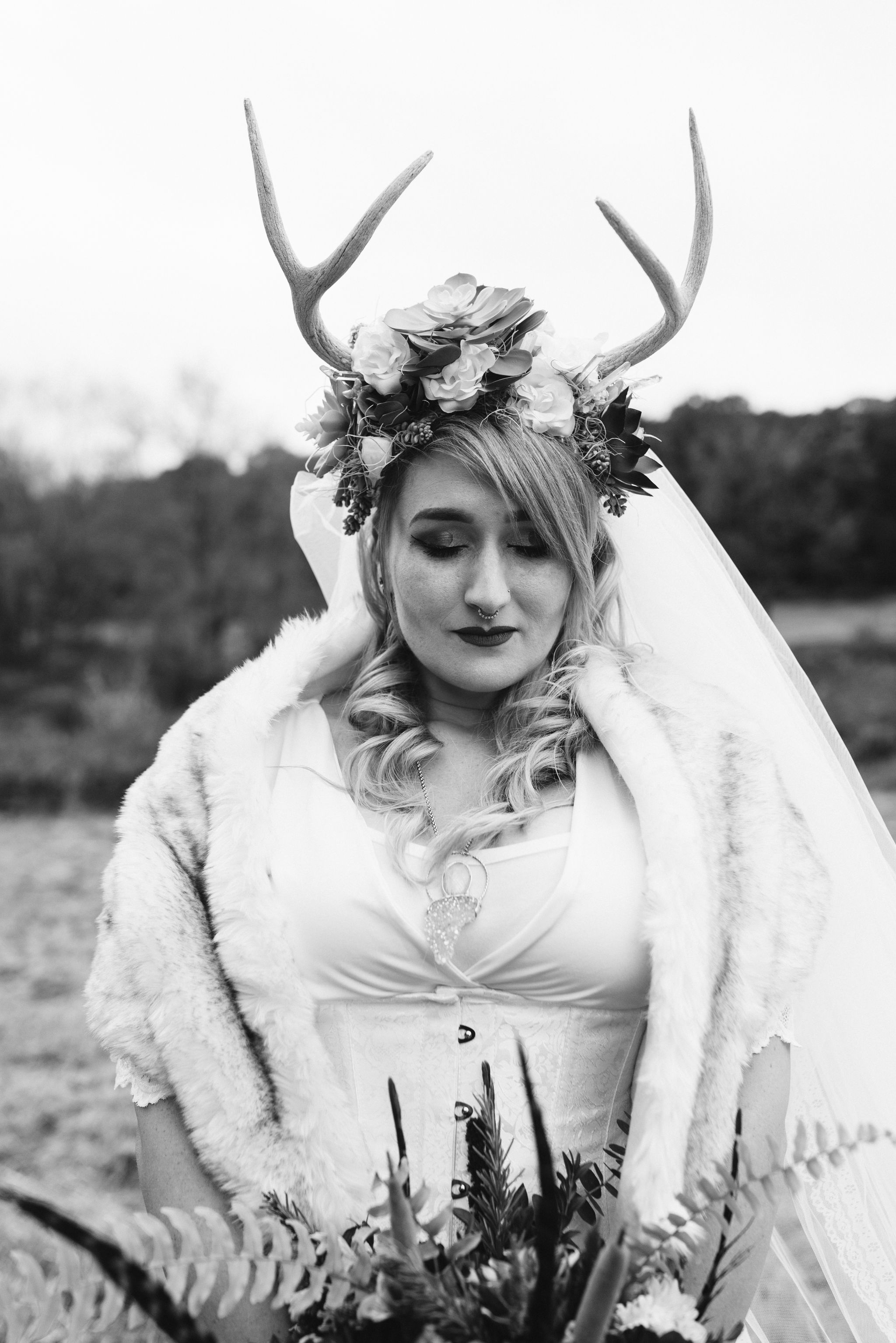  Maryland, Baltimore Wedding Photographer, Backyard Wedding, Fall, October, Dark Bohemian, Whimsical, Fun, Bridal Makeup, Black and White Portrait of Bride, Flower Crown with Antlers 