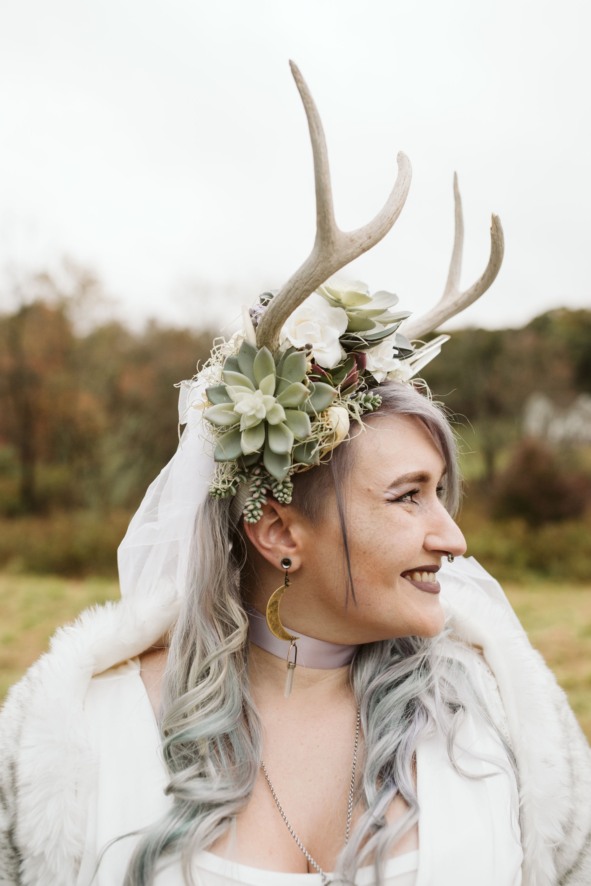  Maryland, Baltimore Wedding Photographer, Backyard Wedding, Fall, October, Dark Bohemian, Whimsical, Fun, Alternative Bride, Flower Crown with Succulents and Antlers, Bridal Jewelry 