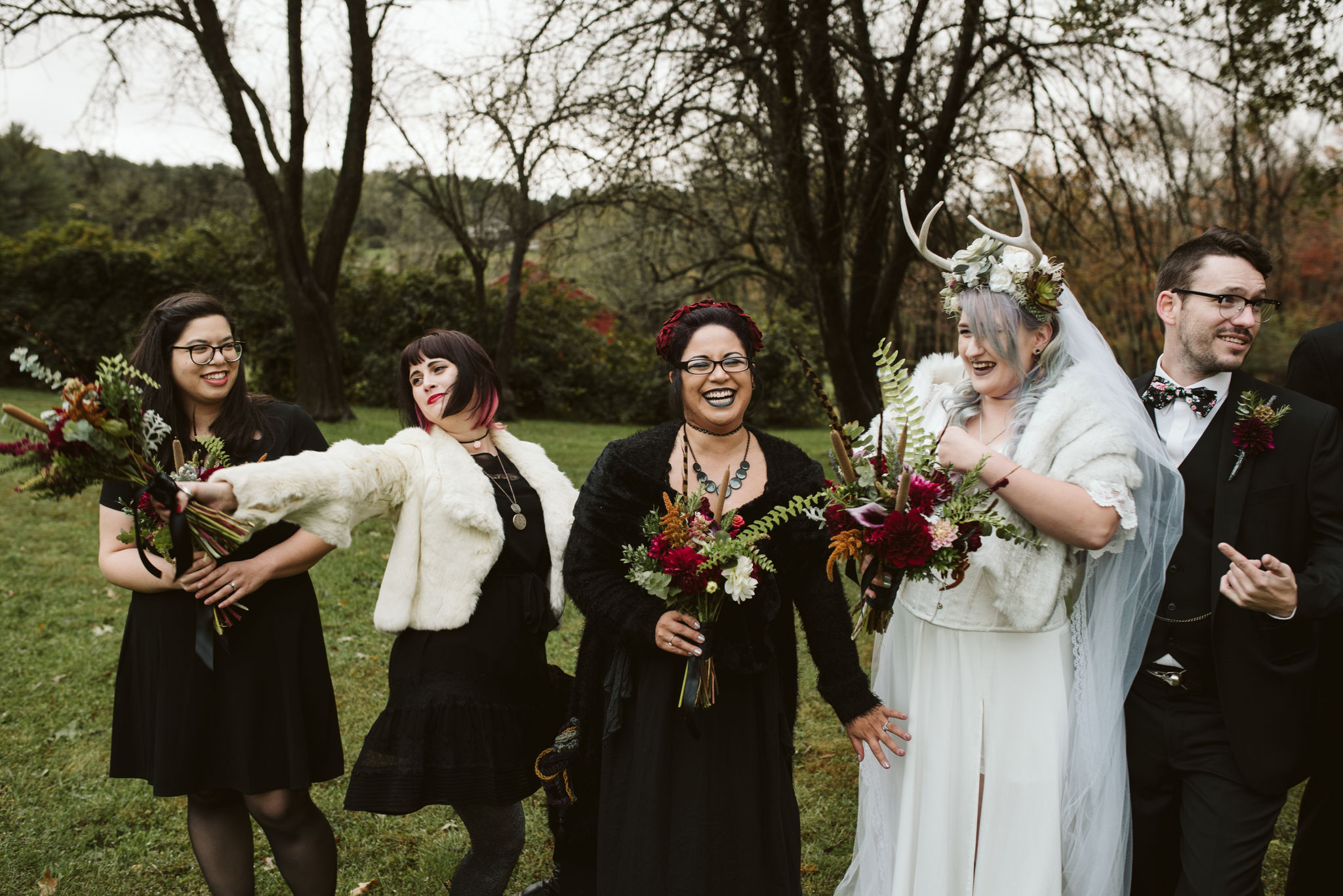  Maryland, Baltimore Wedding Photographer, Backyard Wedding, Fall, October, Dark Bohemian, Whimsical, Fun, Silly Portrait of Bride and Groom and Bridesmaids 