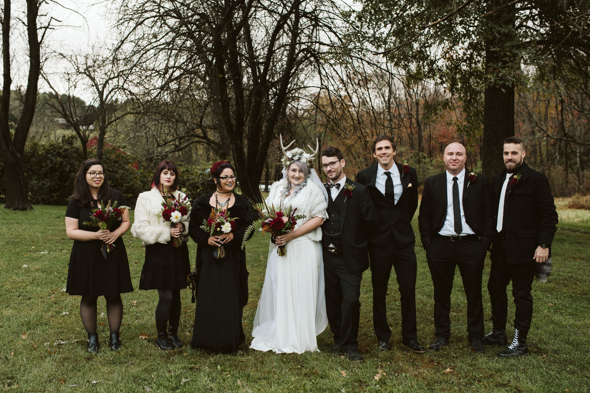  Maryland, Baltimore Wedding Photographer, Backyard Wedding, Fall, October, Dark Bohemian, Whimsical, Fun, Portrait of Wedding Party, The Modest Florist, Black Bridesmaids Dresses,  