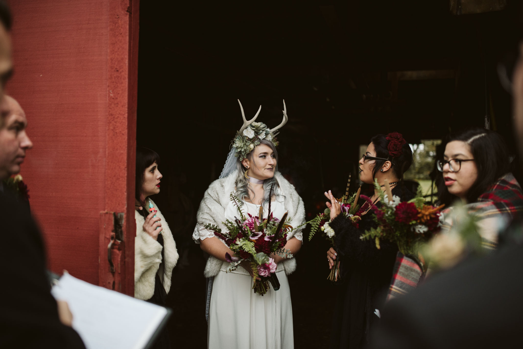  Maryland, Baltimore Wedding Photographer, Backyard Wedding, Fall, October, Dark Bohemian, Whimsical, Fun, Bride Preparing to Walk Down the Aisle with Bridesmaids, Flower Crown 