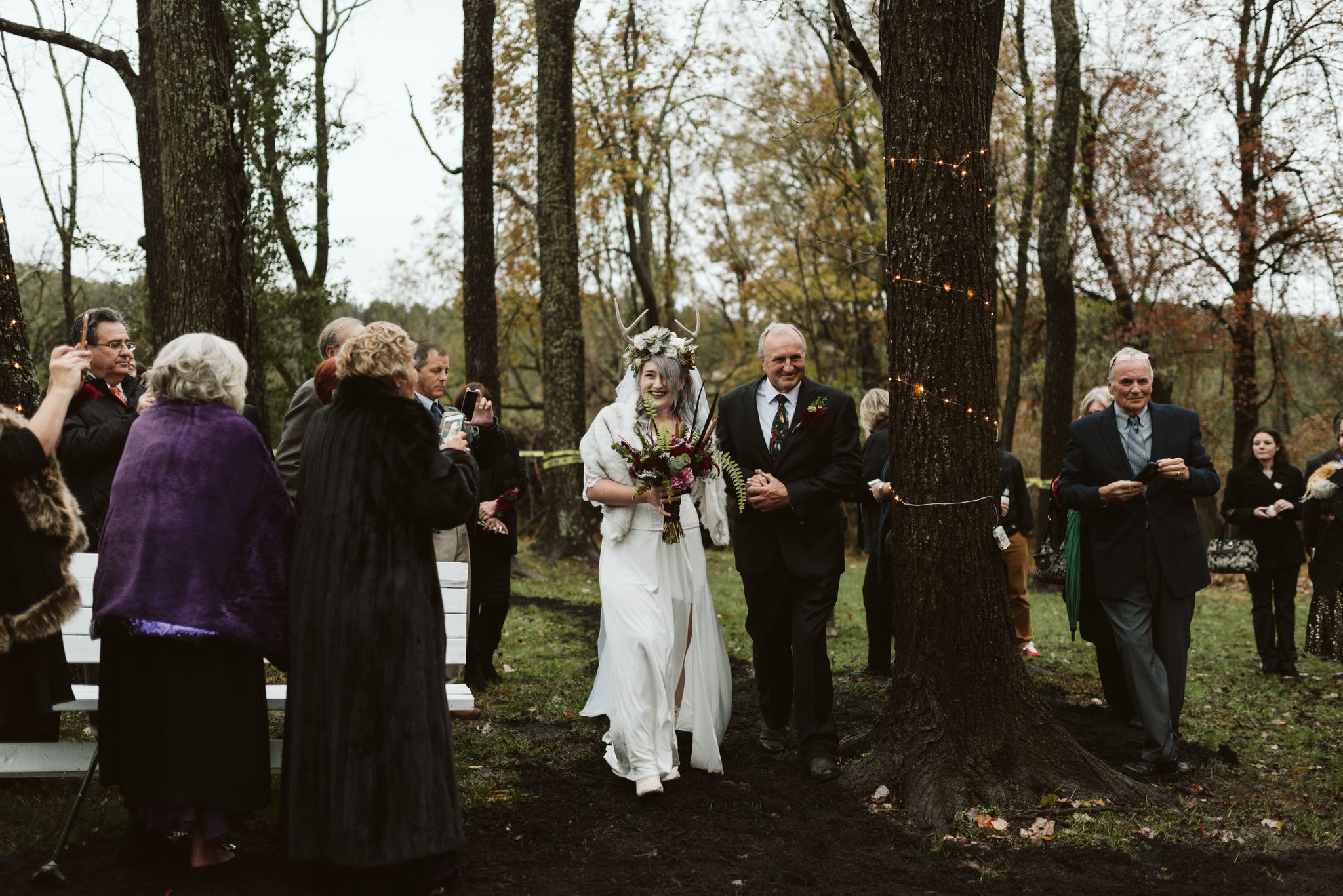  Maryland, Baltimore Wedding Photographer, Backyard Wedding, Fall, October, Dark Bohemian, Whimsical, Fun, Bride Smiling While Walking Down Aisle with Father of the Bride, The Modest Florist 