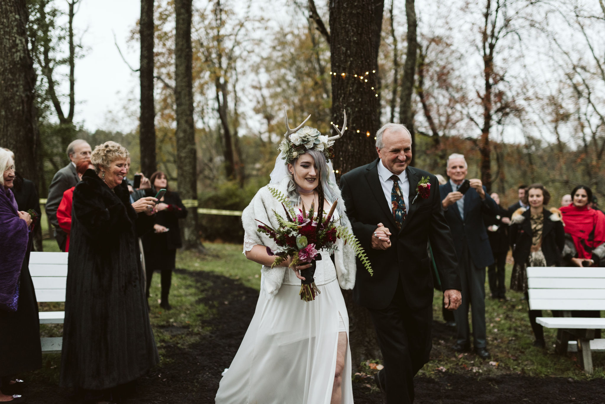 Maryland, Baltimore Wedding Photographer, Backyard Wedding, Fall, October, Dark Bohemian, Whimsical, Fun, Bride Walking Down Aisle with Her Father, The Modest Florist, Alternative Bride 