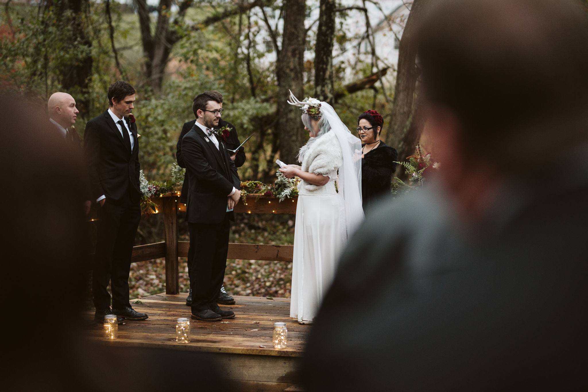  Maryland, Baltimore Wedding Photographer, Backyard Wedding, Fall, October, Dark Bohemian, Whimsical, Fun, Bride and Groom Exchanging Vows, Fairy Lights in Mason Jars 