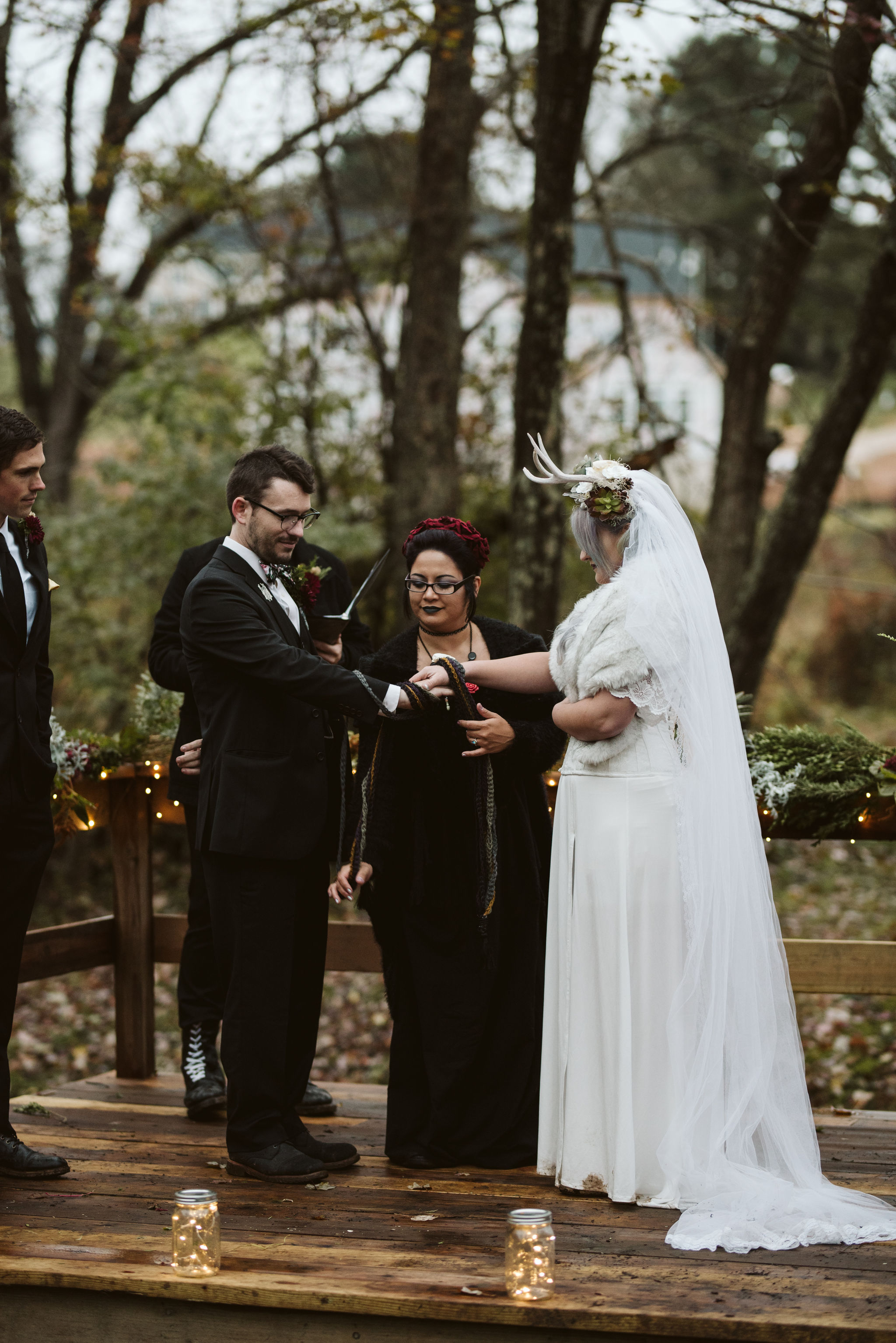  Maryland, Baltimore Wedding Photographer, Backyard Wedding, Fall, October, Dark Bohemian, Whimsical, Fun, Bride and Groom During Binding Ceremony 