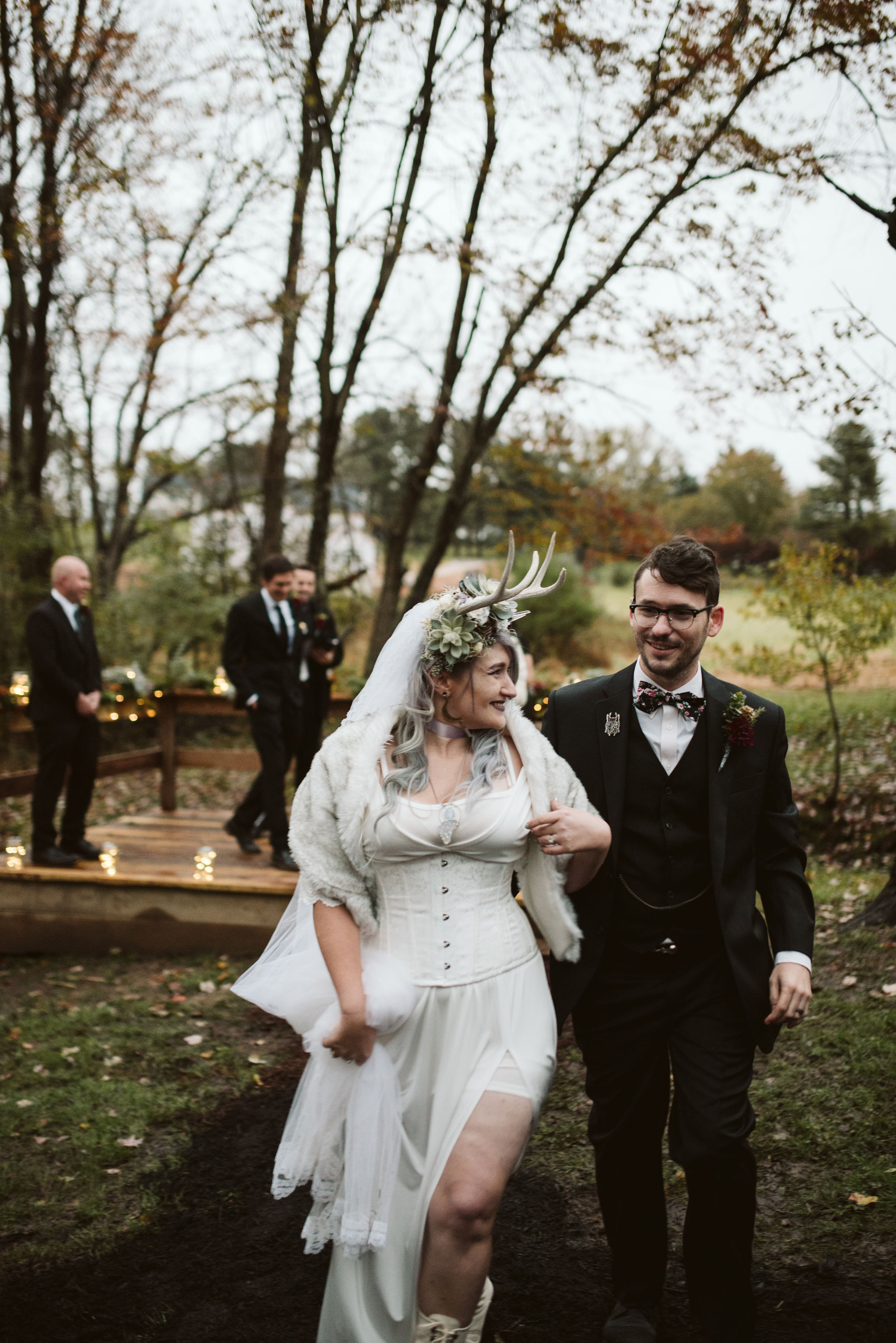  Maryland, Baltimore Wedding Photographer, Backyard Wedding, Fall, October, Dark Bohemian, Whimsical, Fun, Bride and groom Walking Down Aisle Arm in Arm, Just Married, Outdoor Ceremony 
