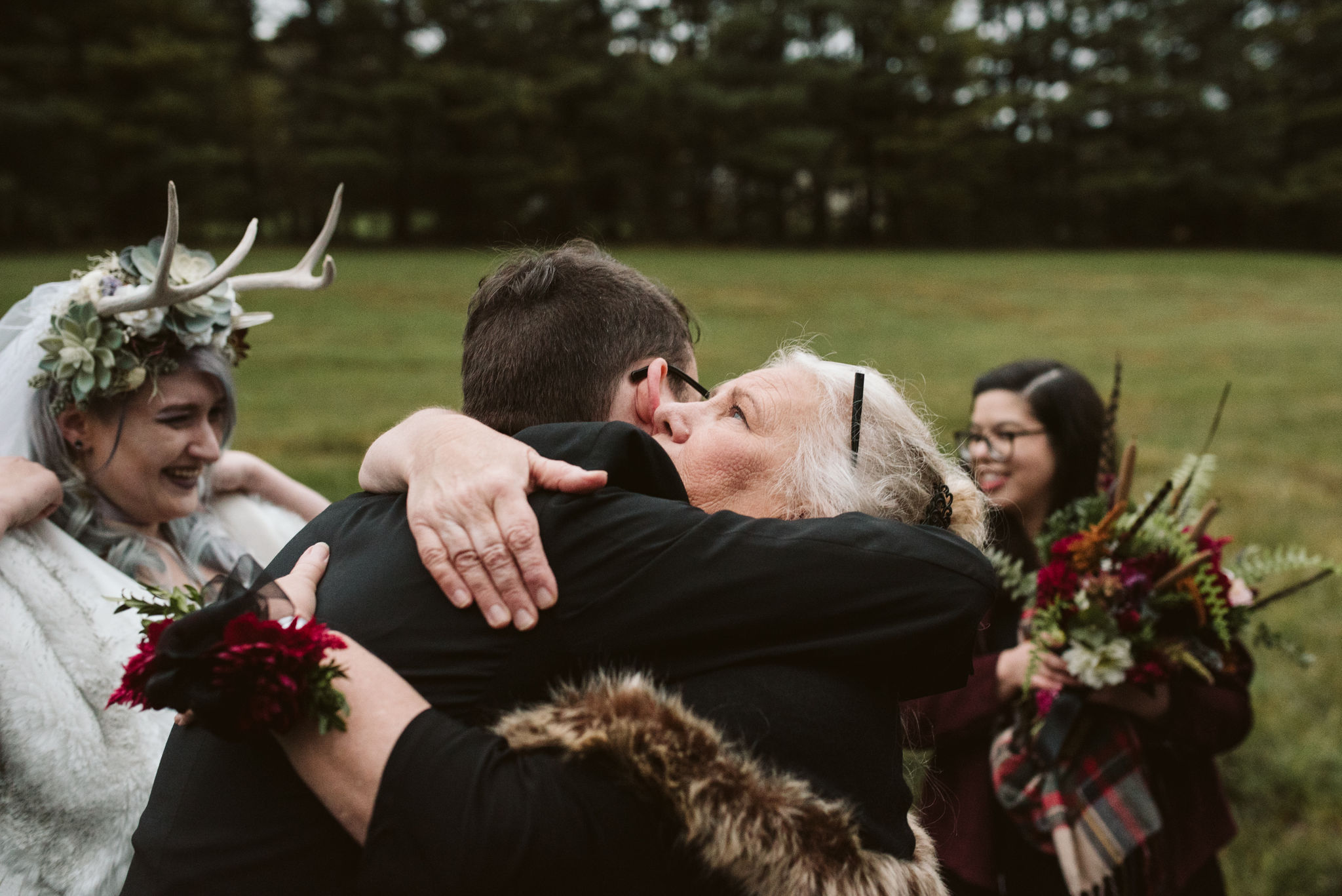  Maryland, Baltimore Wedding Photographer, Backyard Wedding, Fall, October, Dark Bohemian, Whimsical, Fun, Family Congratulating Bride and Groom, Candid Photo 