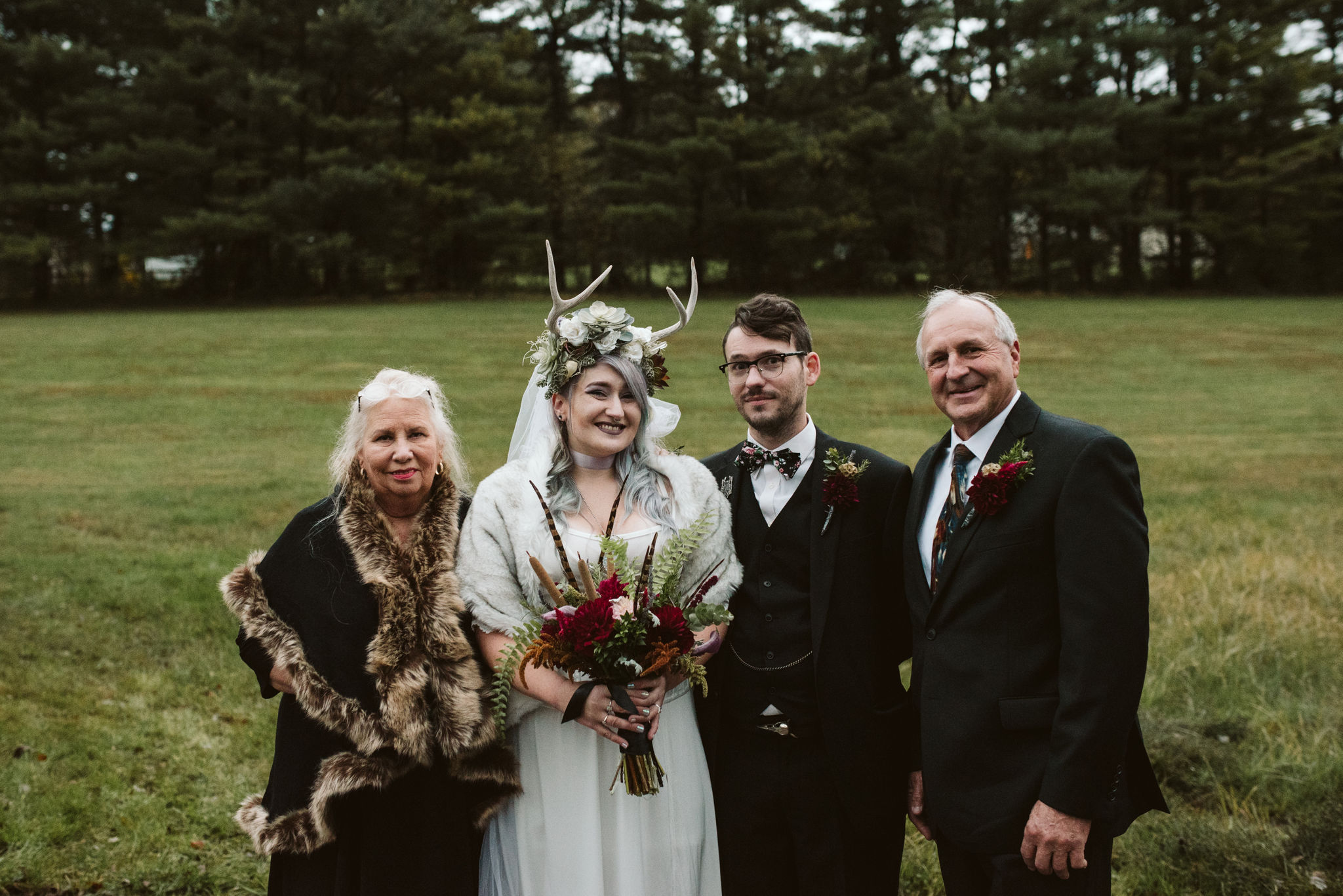  Maryland, Baltimore Wedding Photographer, Backyard Wedding, Fall, October, Dark Bohemian, Whimsical, Fun, Portrait of Bride and Groom with Parents, The Modest Florist 