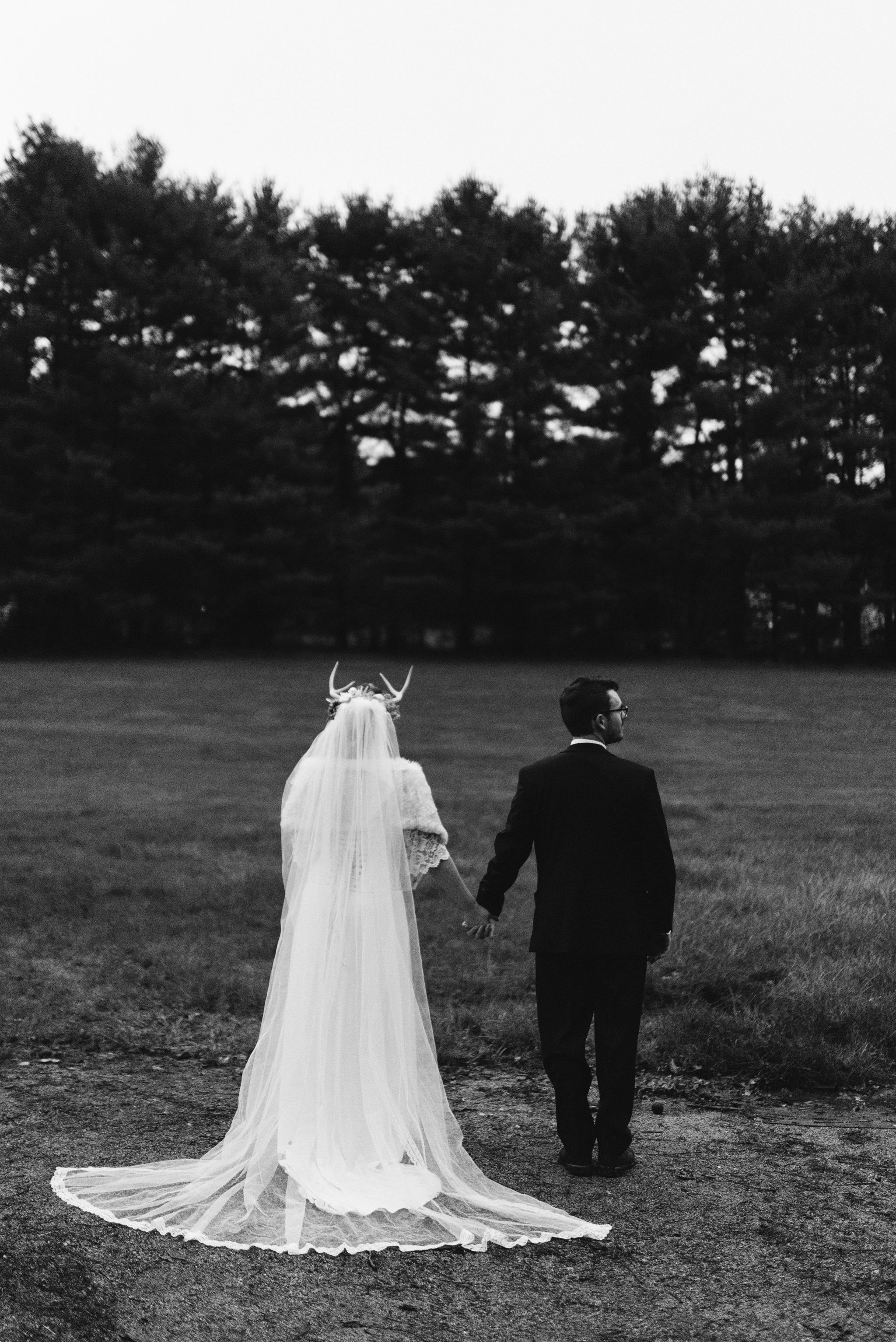  Maryland, Baltimore Wedding Photographer, Backyard Wedding, Fall, October, Dark Bohemian, Whimsical, Fun, Portrait of Bride and Groom from Behind, Black and White Photo 