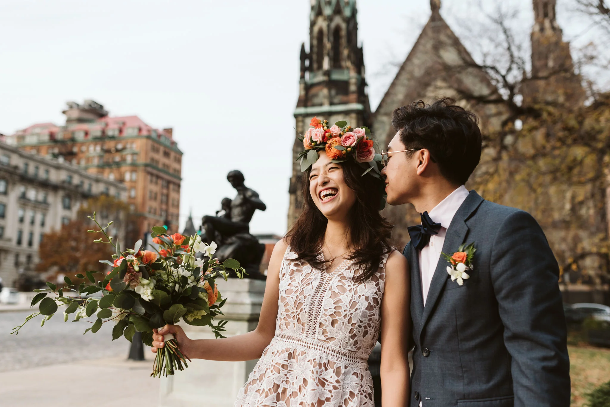 Baltimore, Maryland Wedding Photographer, Peabody Institute, Homewood, Engagement Photos, Korean Wedding, Winter, Classic, Romantic, Bride and groom Laughing Together, Lace Dress, Bowtie, Pink and Orange Wedding Flowers