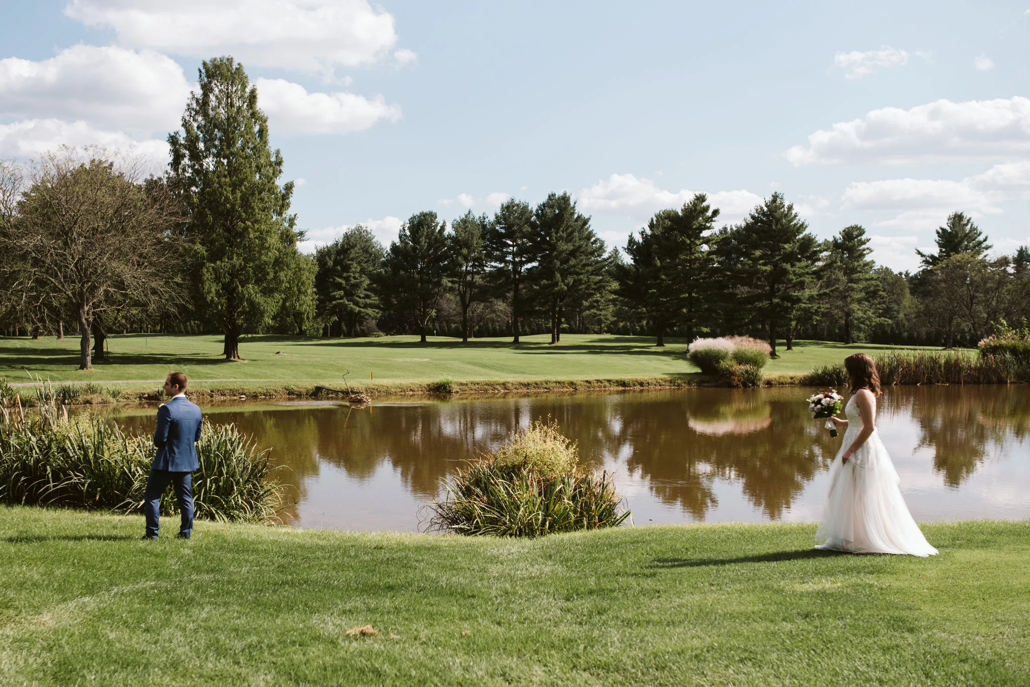 Phoenix Maryland, Baltimore Wedding Photographer, Eagle’s Nest Country Club, Classic, Romantic, Spring, Generation Tux, BHLDN Wedding Dress, First Look Photo by the Pond