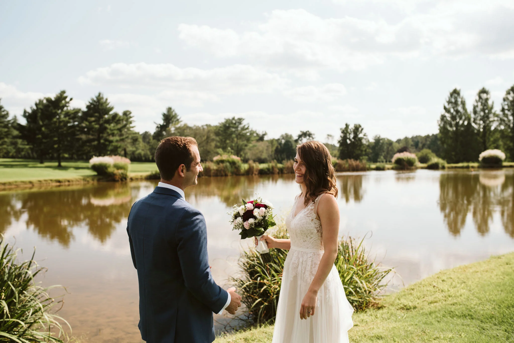 Phoenix Maryland, Baltimore Wedding Photographer, Eagle’s Nest Country Club, Classic, Romantic, Spring, BHLDN Dress, First Look, Dundalk Florist, Bride and Groom Outside by Water