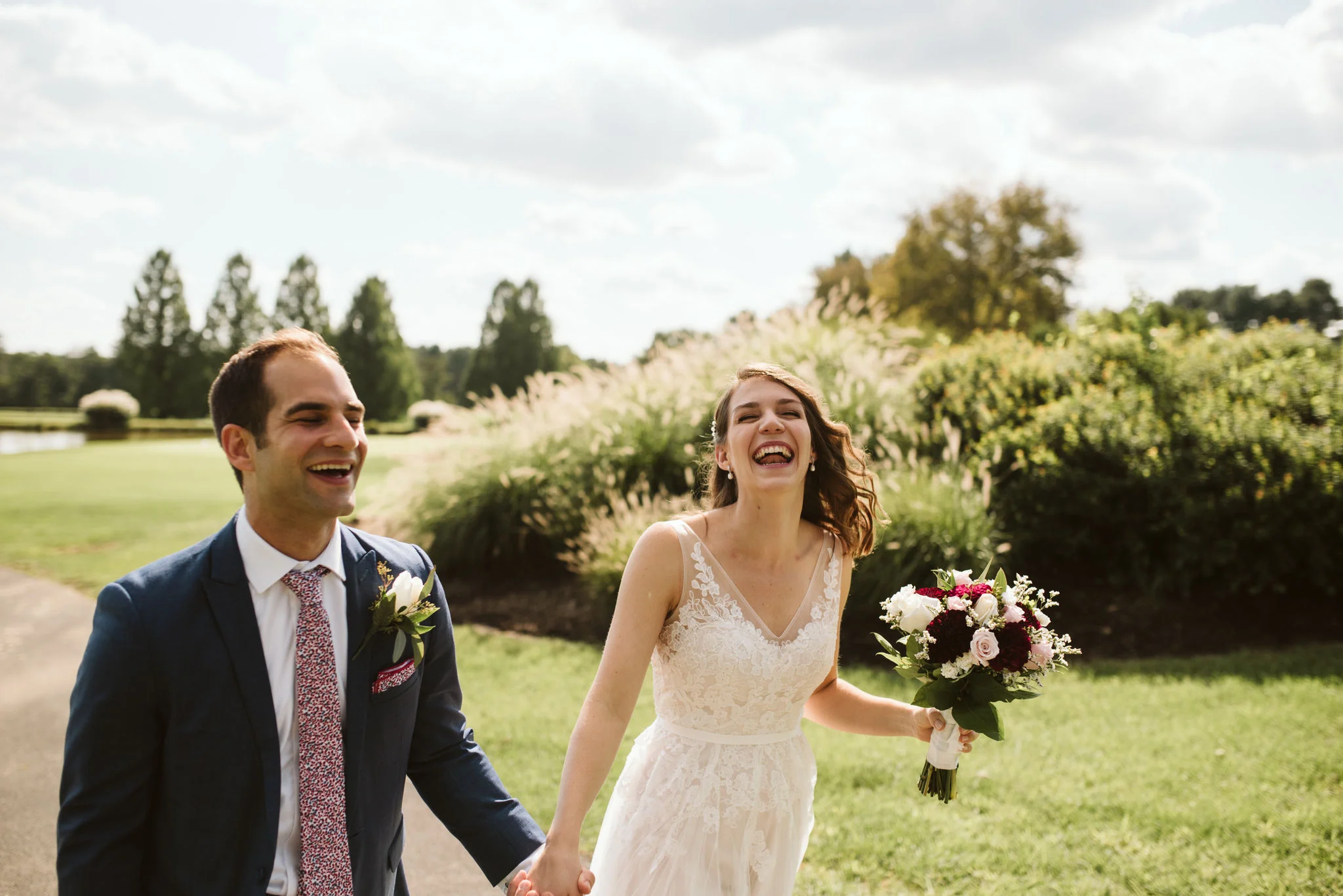 Phoenix Maryland, Baltimore Wedding Photographer, Eagle’s Nest Country Club, Classic, Romantic, Bride and Groom Laughing Together Outdoors, BHLDN Dress, Dundalk Florist, Gaby Vinas