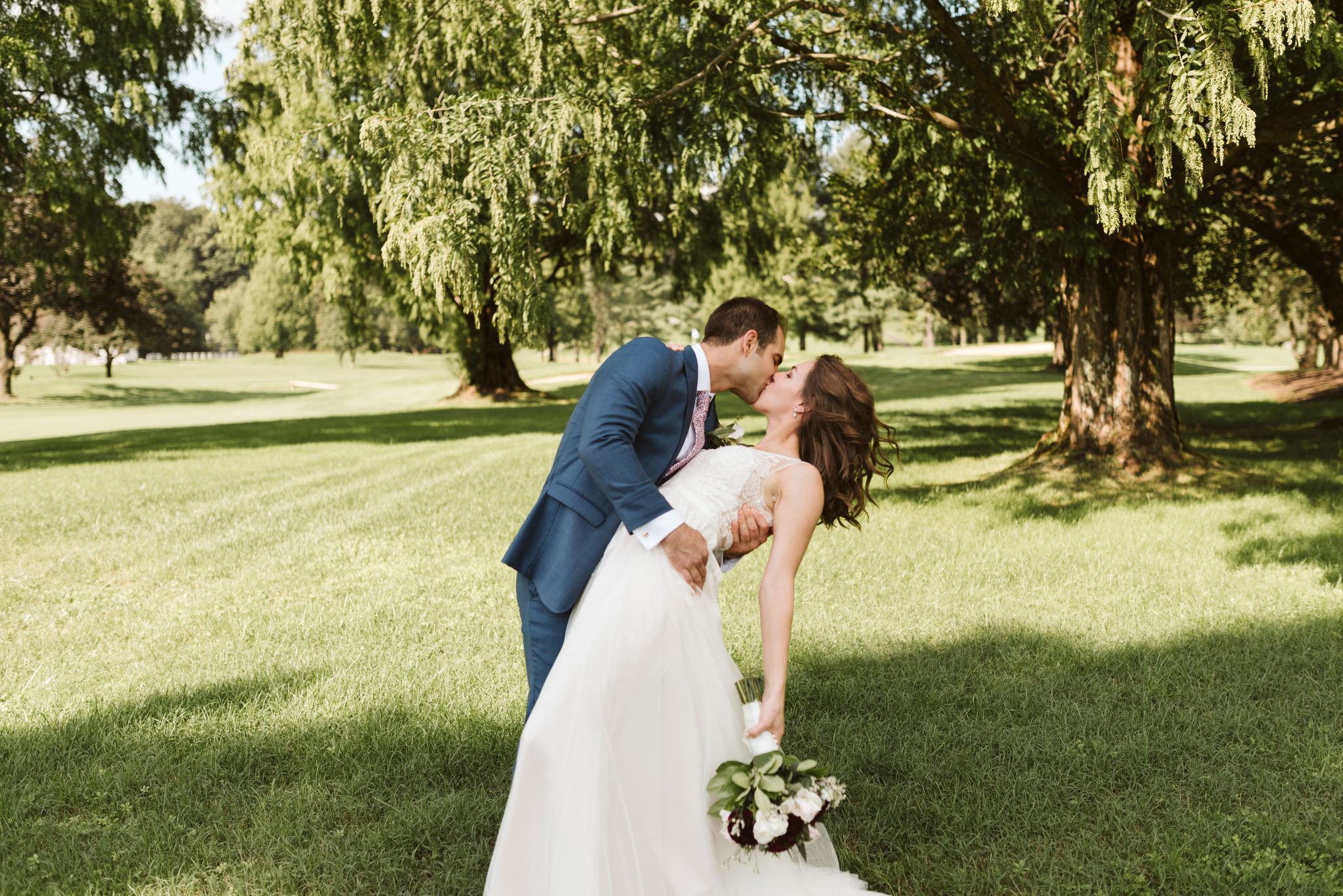  Phoenix Maryland, Baltimore Wedding Photographer, Eagle’s Nest Country Club, Classic, Romantic, Groom Dipping the Bride, Couple Kissing in the Sun, BHLDN Dress 
