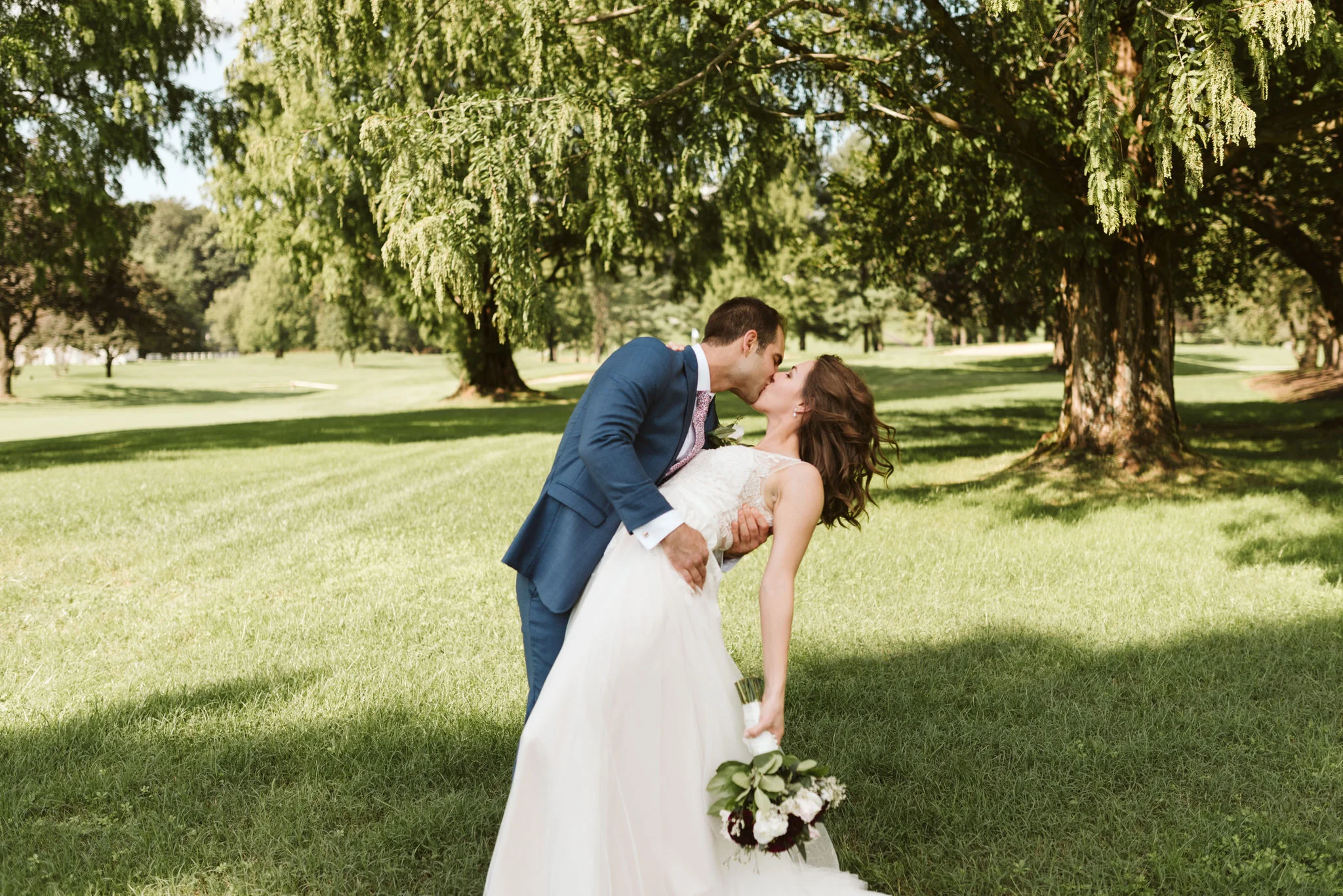 Phoenix Maryland, Baltimore Wedding Photographer, Eagle’s Nest Country Club, Classic, Romantic, Groom Dipping the Bride, Couple Kissing in the Sun, BHLDN Dress