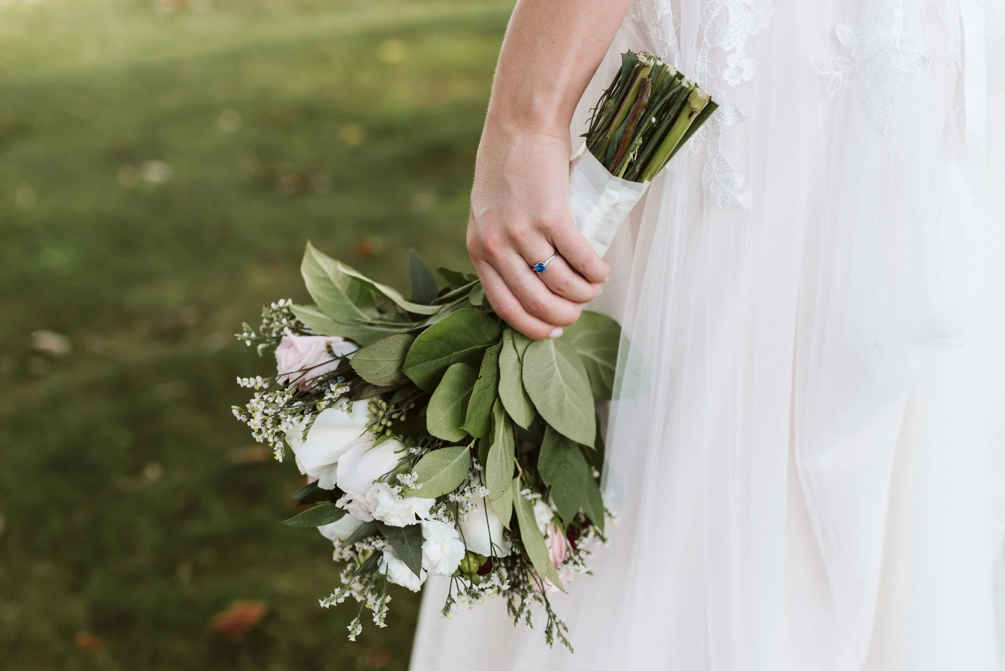 Phoenix Maryland, Baltimore Wedding Photographer, Eagle’s Nest Country Club, Classic, Romantic, Spring, Detail Photo of Bride with Brilliant Earth Engagement Ring Holding Flowers