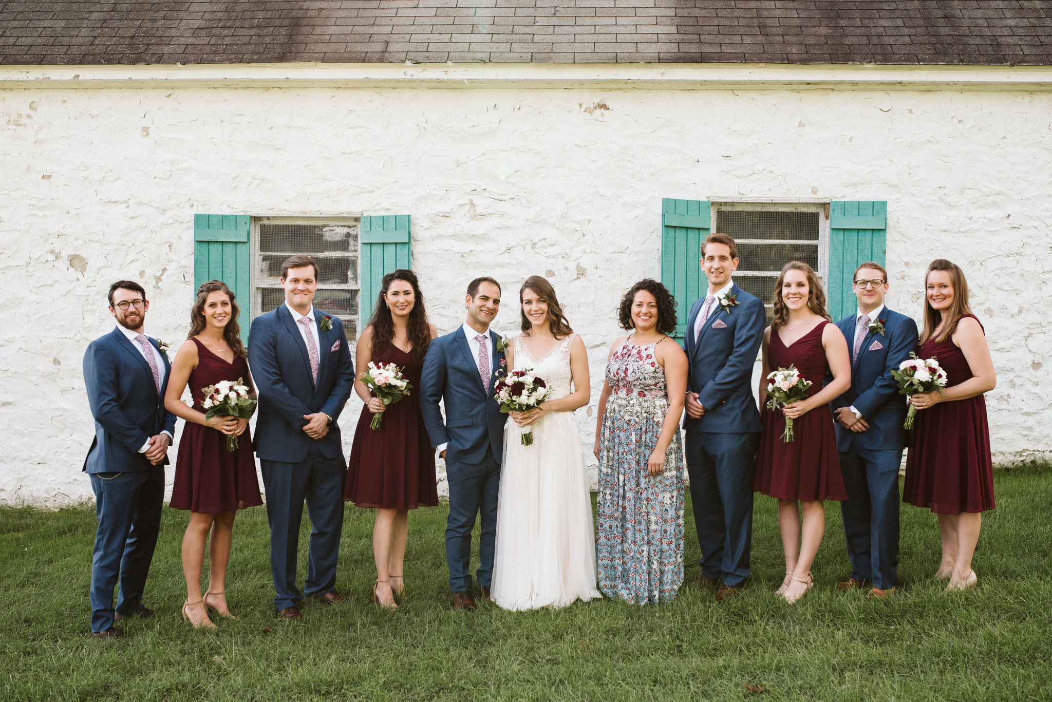  Phoenix Maryland, Baltimore Wedding Photographer, Eagle’s Nest Country Club, Classic, Romantic, Portrait of Bridal Party in Front of Cottage, BHLDN Wedding Dress, Generation Tux Suits, Brideside Bridesmaid Dresses,  