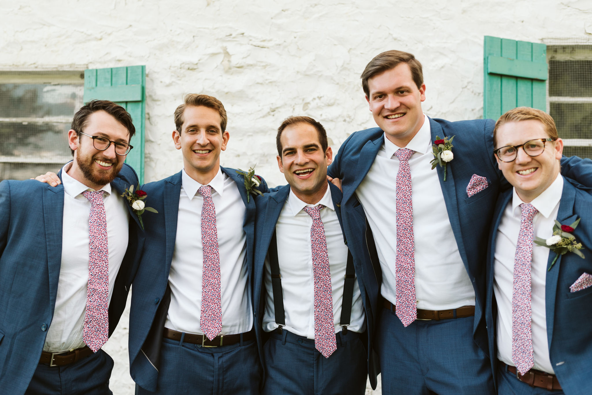  Phoenix Maryland, Baltimore Wedding Photographer, Eagle’s Nest Country Club, Classic, Romantic, Portrait of Groom with Groomsmen, Generation Tux Blue Suits, Knotty Tie Ties and Pocketsquares, Red and White Boutonnieres  