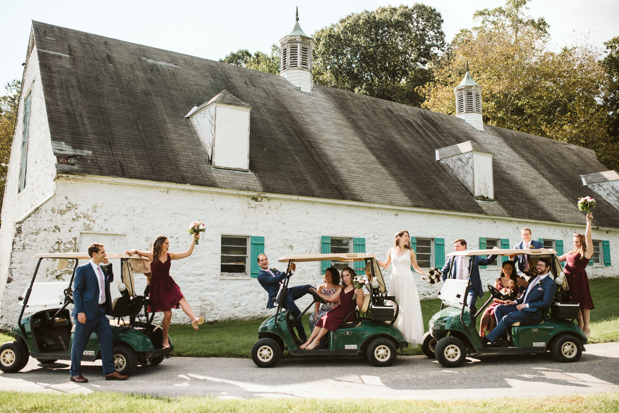  Phoenix Maryland, Baltimore Wedding Photographer, Eagle’s Nest Country Club, Classic, Romantic, Fun Photo of Bridal Party on Golf Carts Outside Barn, Silly Portrait, Burgundy Brideside Bridesmaid Dresses 