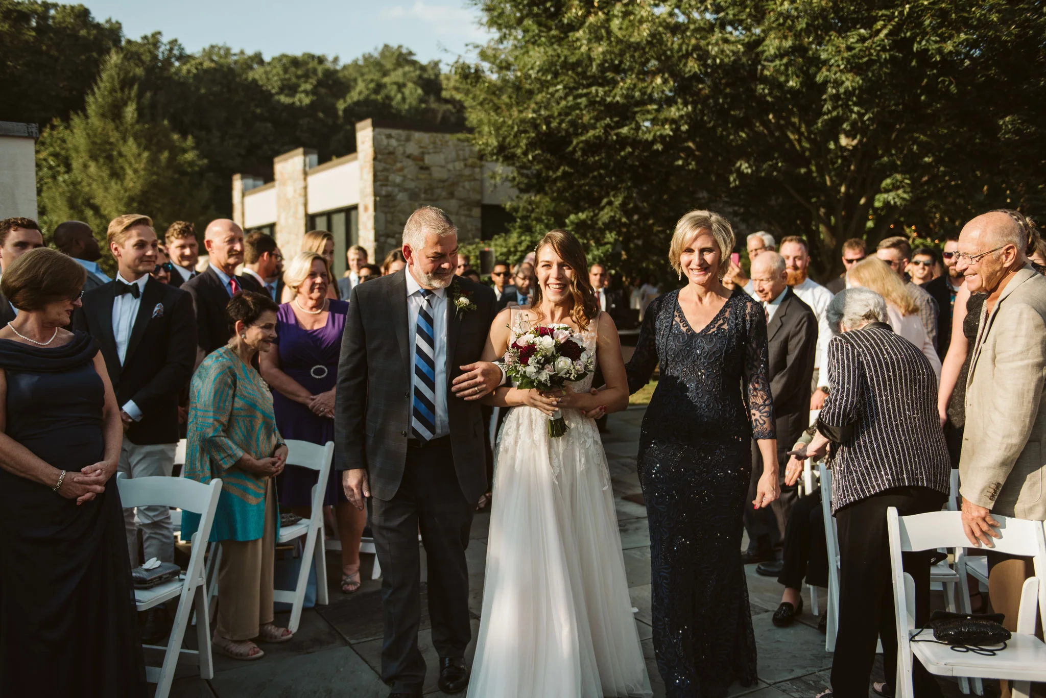 Phoenix Maryland, Baltimore Wedding Photographer, Eagle’s Nest Country Club, Classic, Romantic, Bride Walking Down Aisle with Mother and Father of the Bride, BHLDN Dress, Dundalk Florist